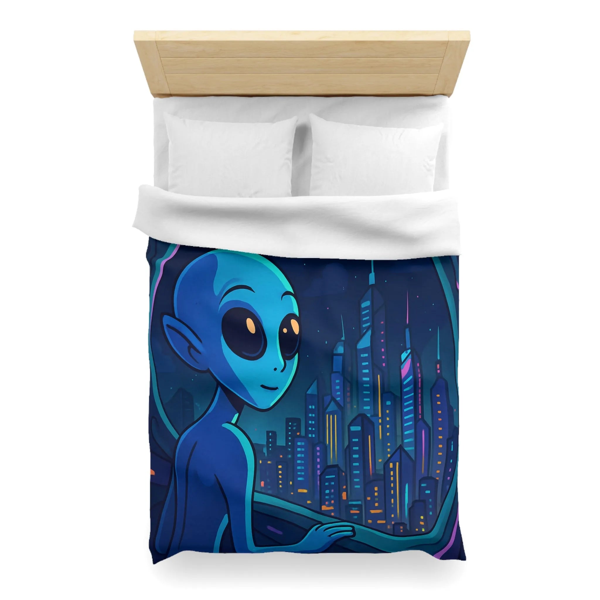 Housse de couette avec extraterrestre bleu contemplant métropole futuriste depuis vaisseau spatial