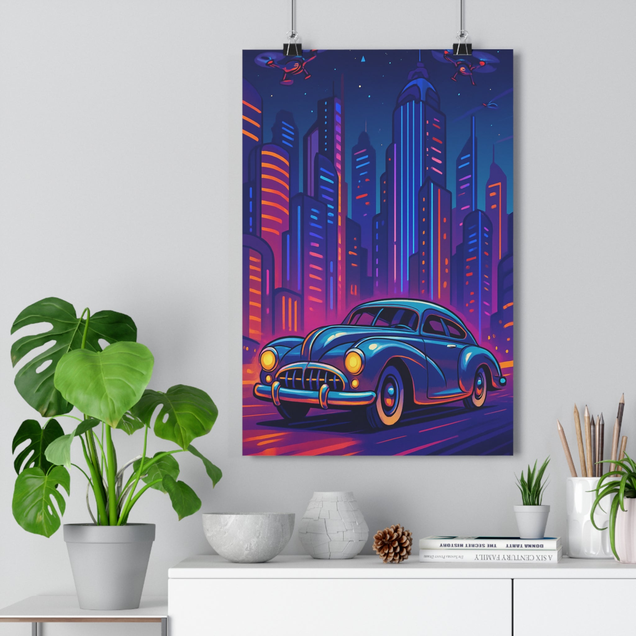 Poster décoratif rétrofuturiste voiture classique ville moderne néon bleu rose violet salon dynamique élégant