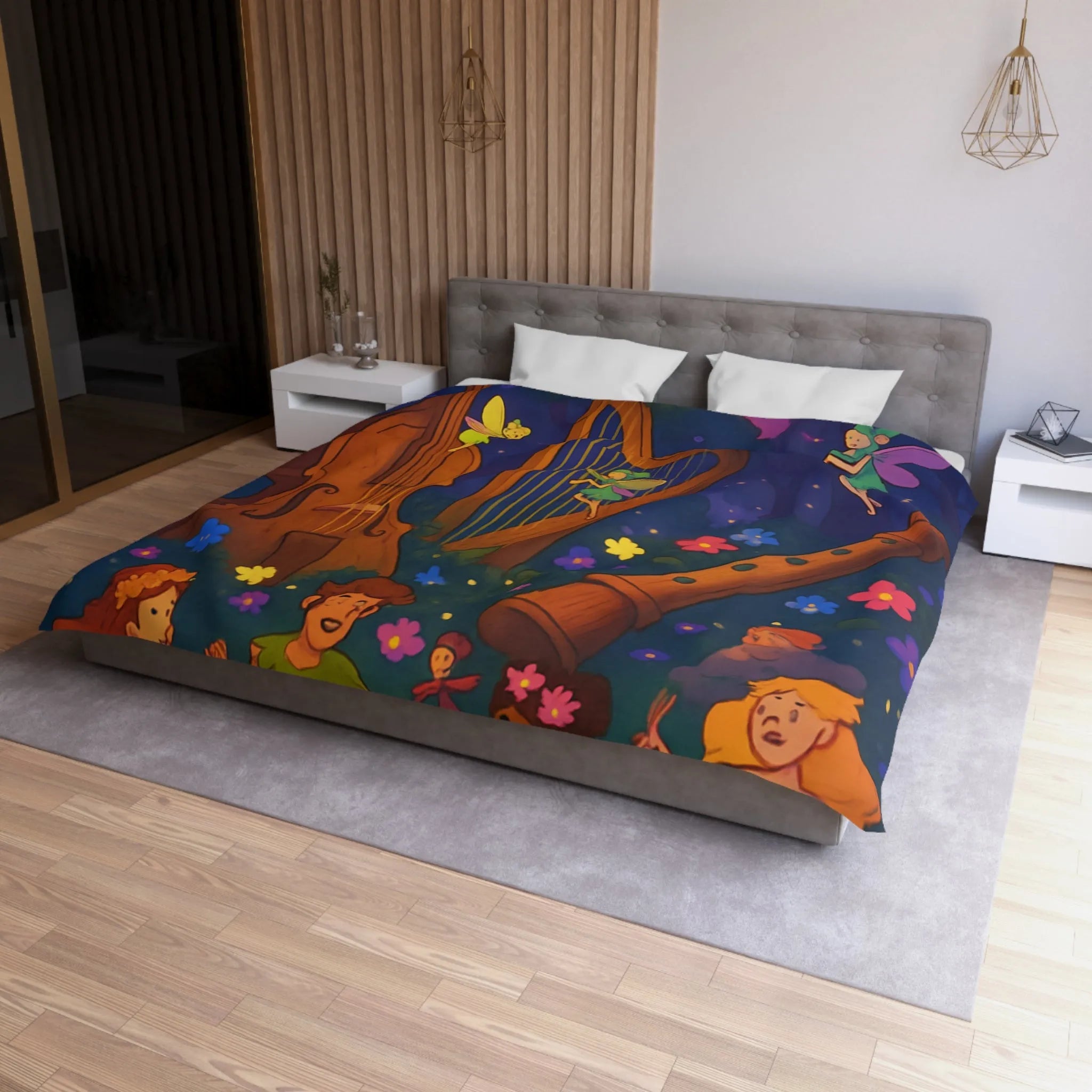 Housse de couette féérique forêt musicale, fées dansant avec fleurs et instruments enchanteurs