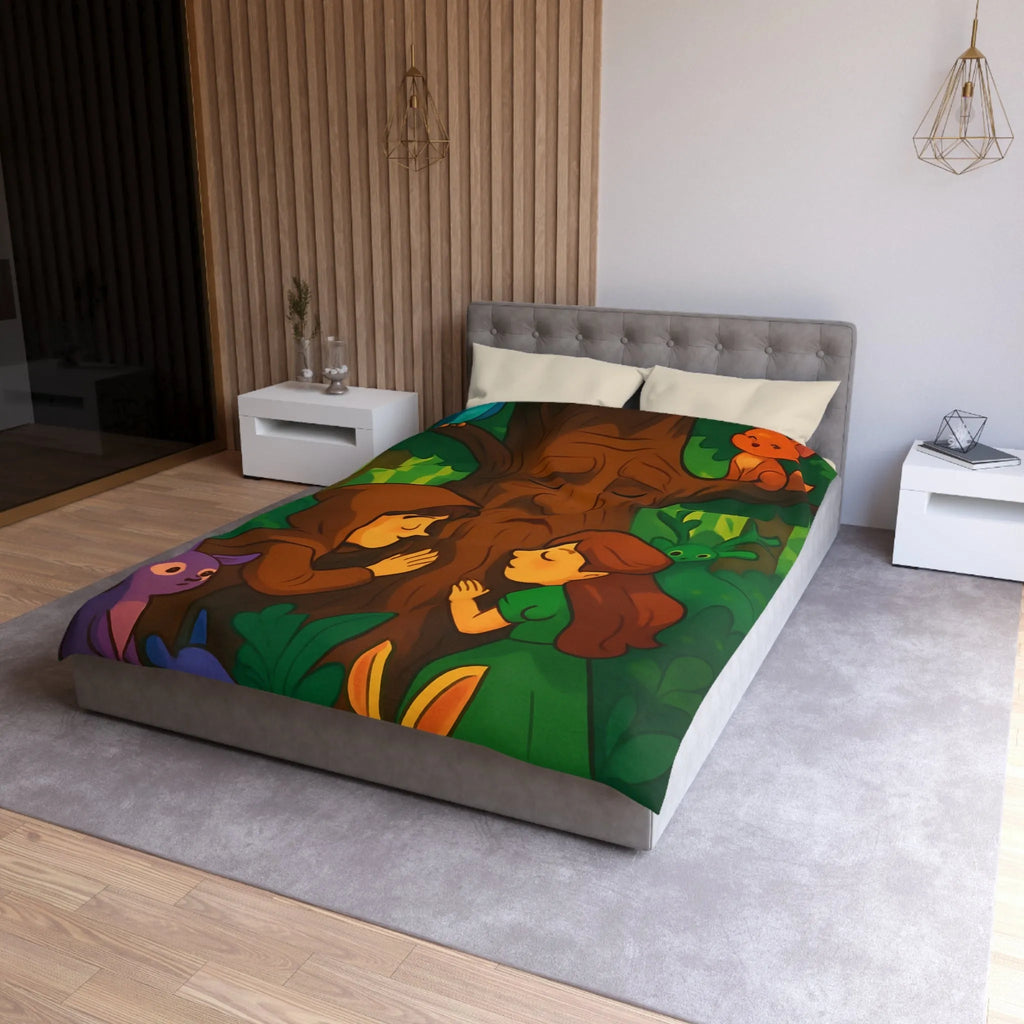 Housse de couette forêt enchantée avec animaux, arbres sages et personnages rêveurs