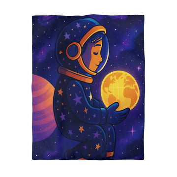 Housse de couette cosmos enfantine avec astronaute rêveur tenant une planète lumineuse