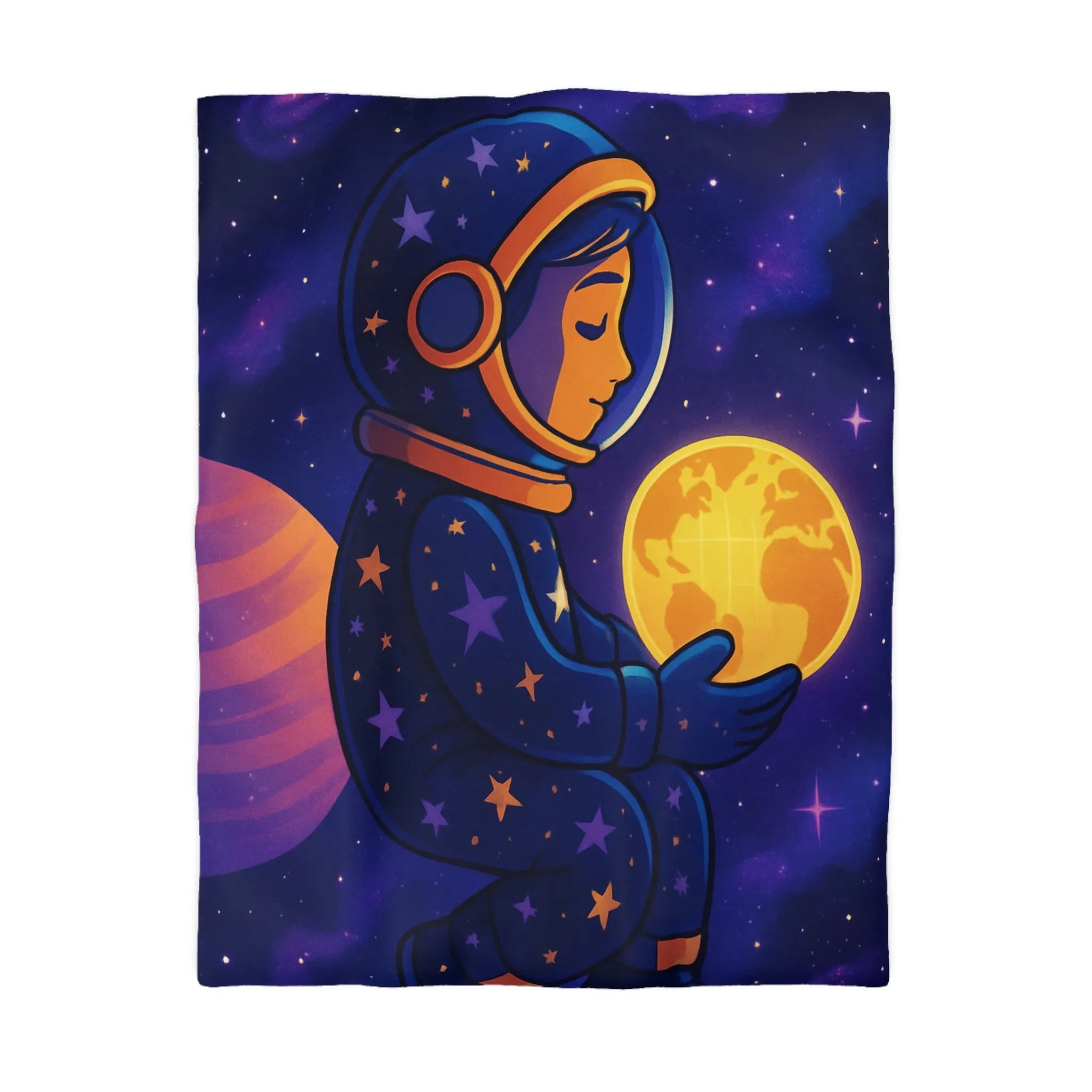 Housse de couette cosmos enfantine avec astronaute rêveur tenant une planète lumineuse