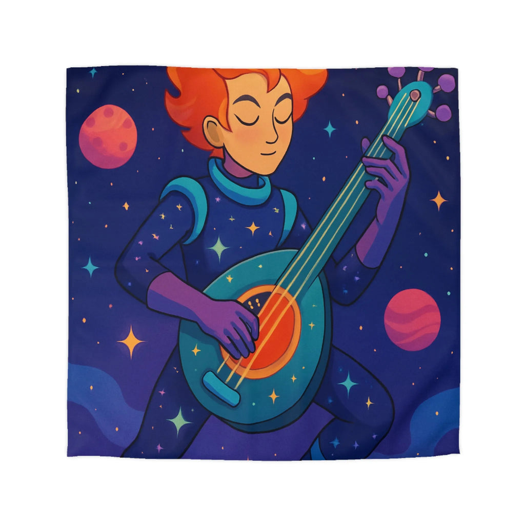 Housse de couette artistique espace avec musicien, planètes et comète colorée