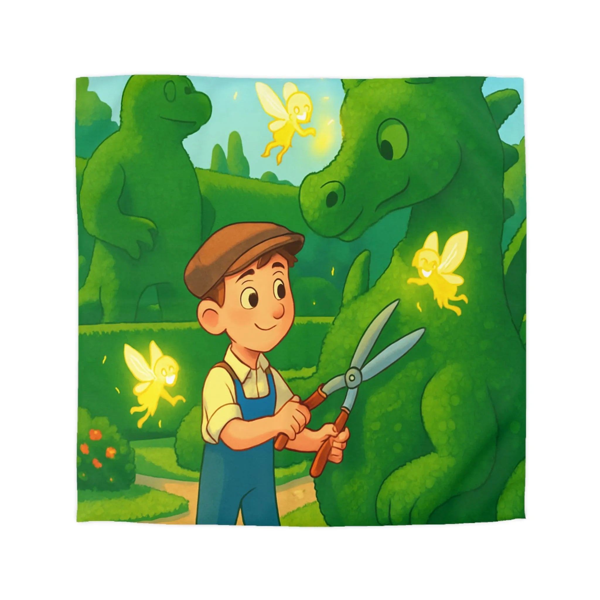 Housse de couette enfant dragon féérique avec jardin, verdure et ambiance magique naturelle