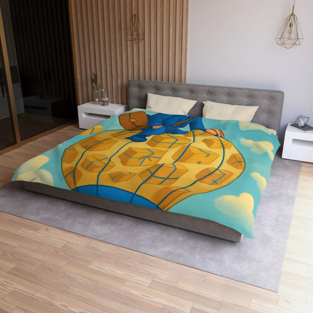 Housse de couette colorée avec montgolfière et livreur volant dans le ciel animés