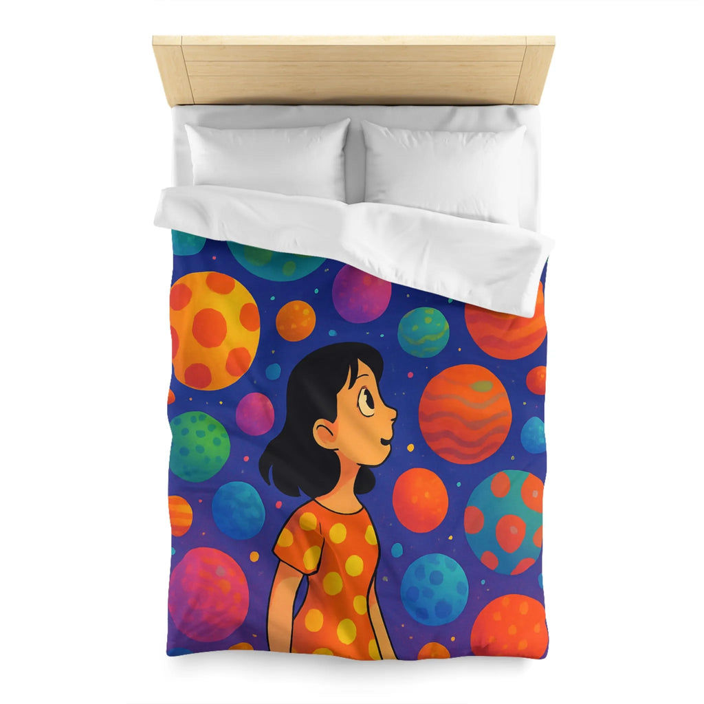 Housse de couette colorée avec motif de planètes et enfant rêveur dans l'espace