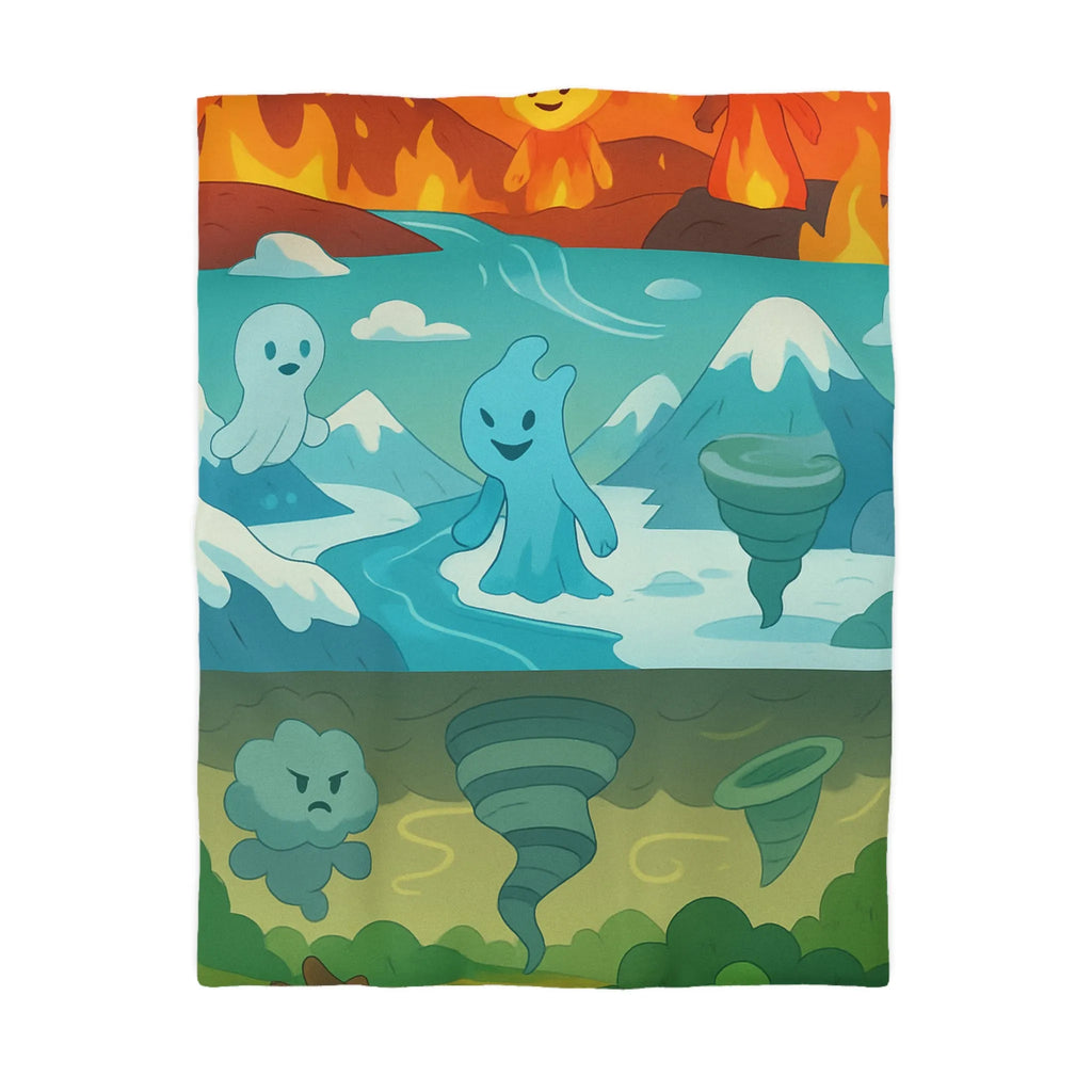 Housse de couette illustrant esprits élémentaires dans des paysages fantastiques vibrants et colorés