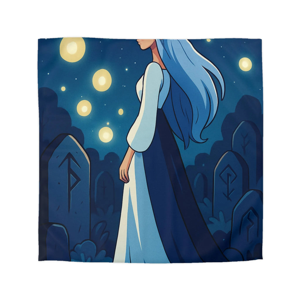 Housse de couette avec femme éthérée dans un cimetière éclairé par des lucioles mystiques