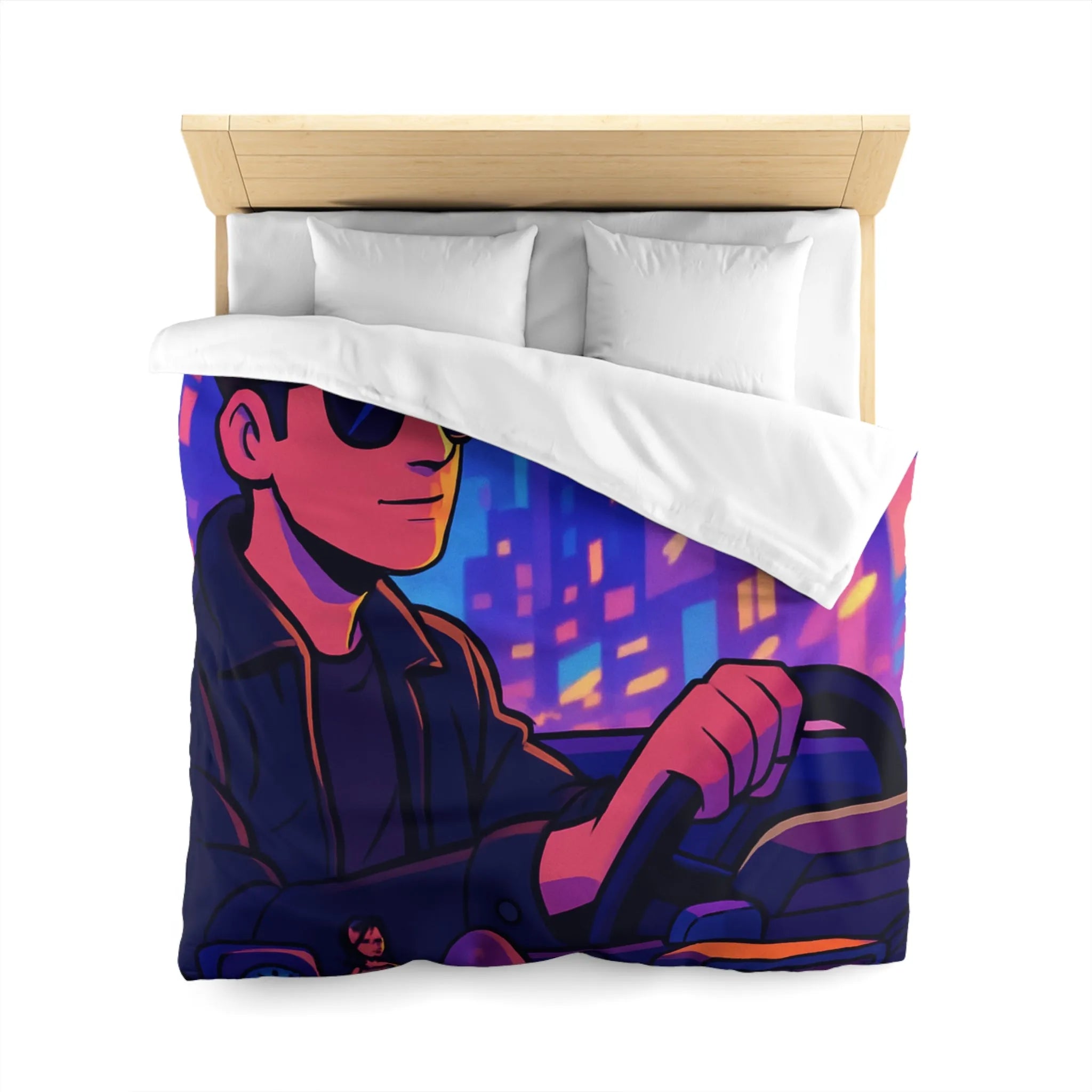 Housse de couette avec illustration rétro taxi urbain style néon pour chambre moderne