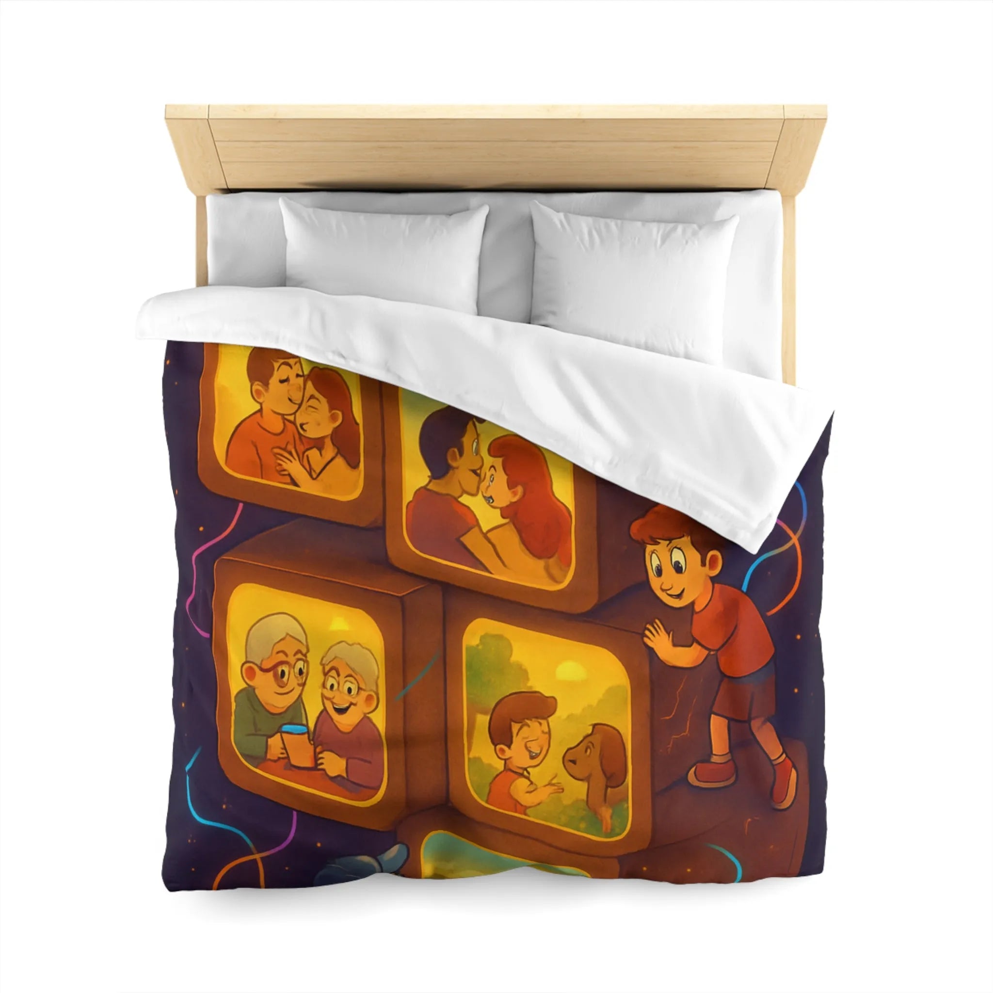 Housse de Couette Illustrée avec Scènes de Famille et Couleurs Chaudes, Ambiance Rétro