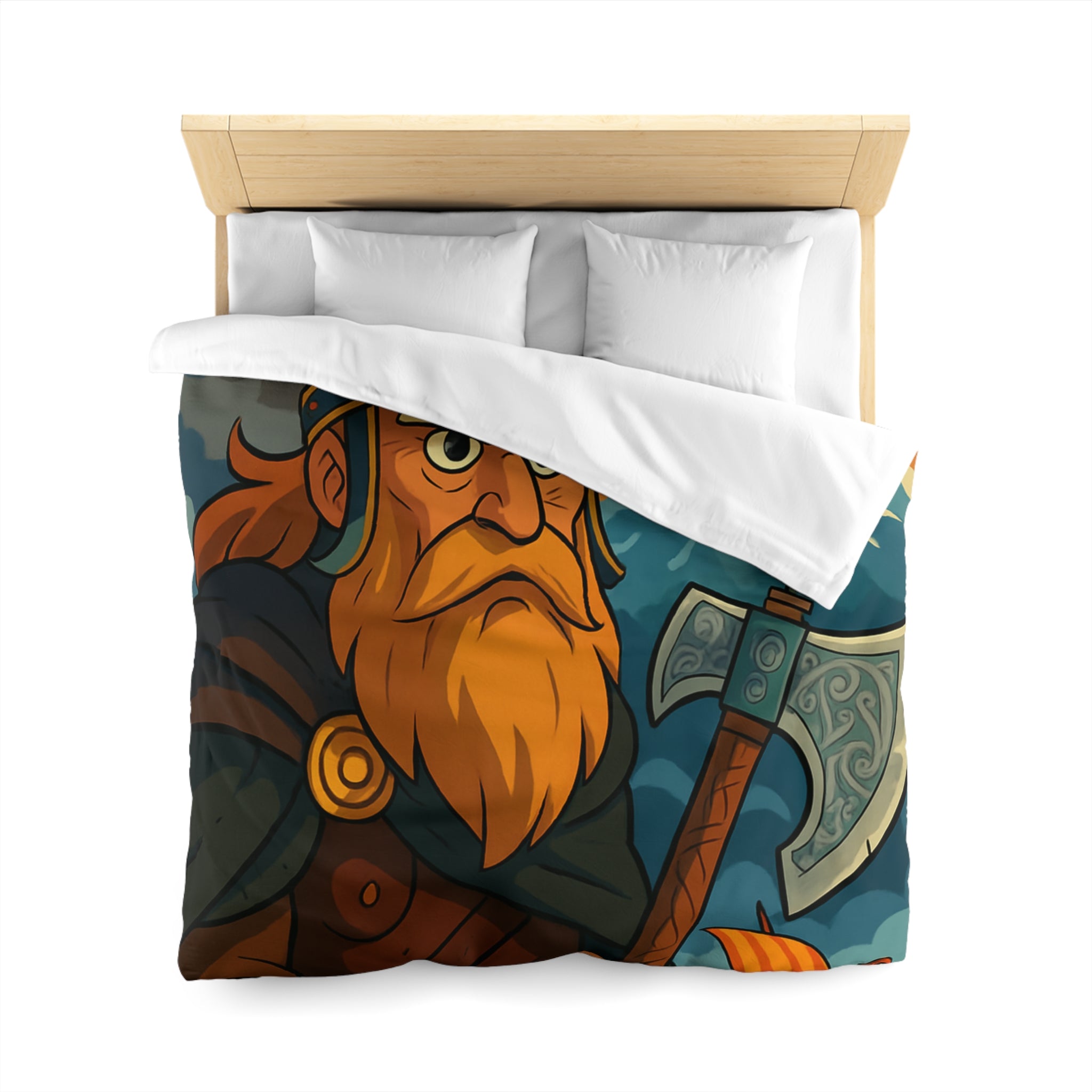 Housse de couette Viking féroce, paysage nordique et drakkar, ambiance mythique captivante
