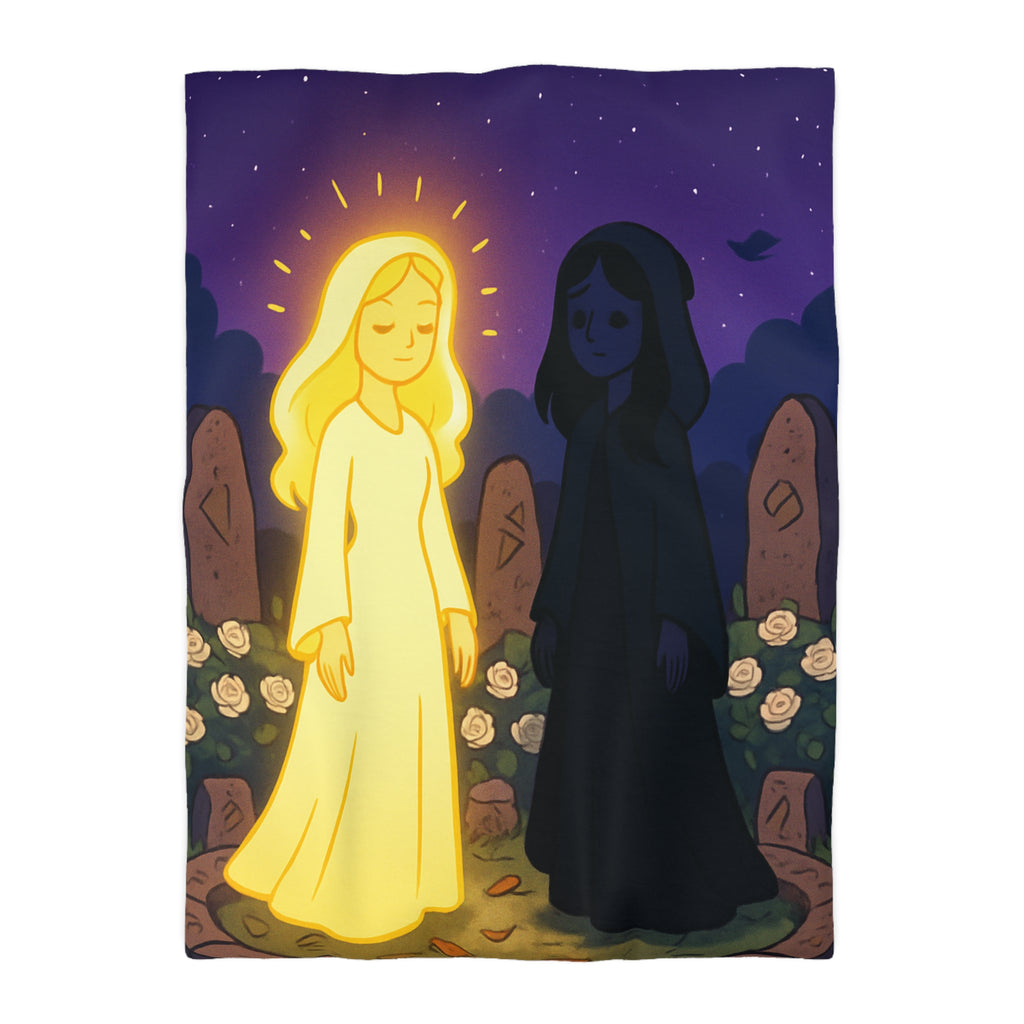 Housse de couette réversible avec deux figures mystérieuses en contraste lumineux, nature étoilée