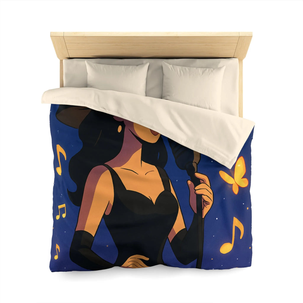 Élégant design musicien nocturne avec notes dorées et papillons sur fond étoilé bleu