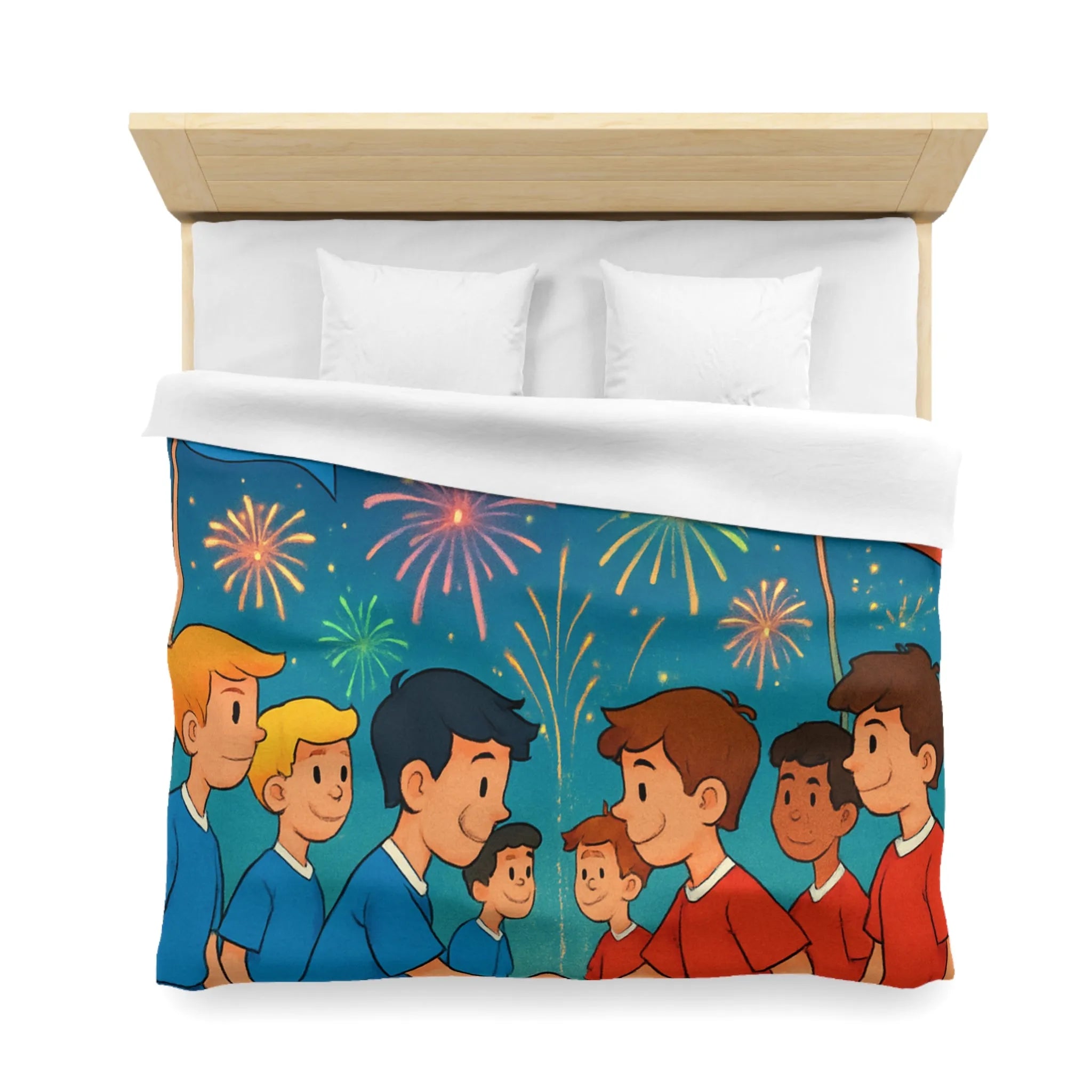 Housse de couette colorée inspirée du football avec feux d'artifice et équipe en action