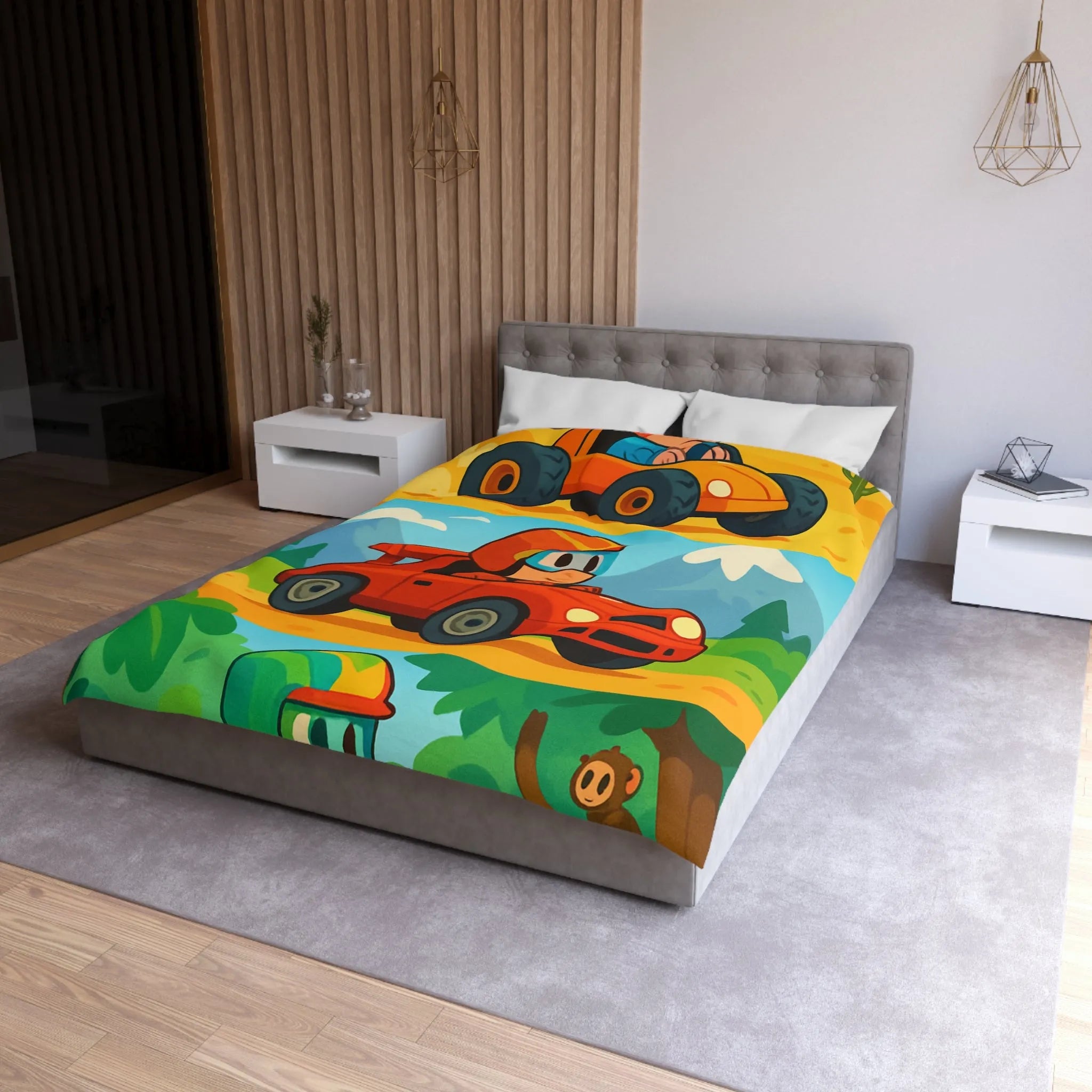 Housse de couette colorée avec motifs de voitures et paysages pour chambre d'enfant