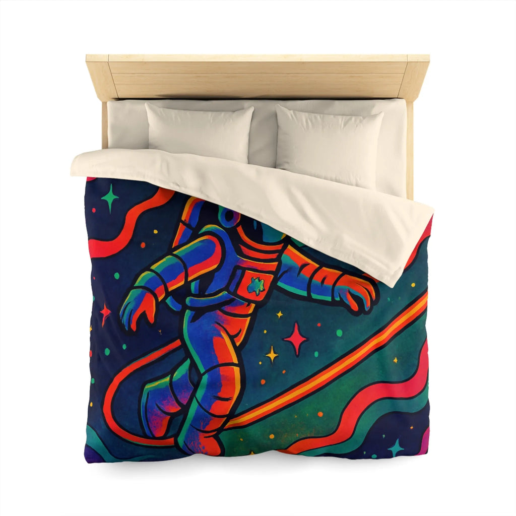 Housse de couette astronaute flottant dans un cosmos aux couleurs psychédéliques vibrantes