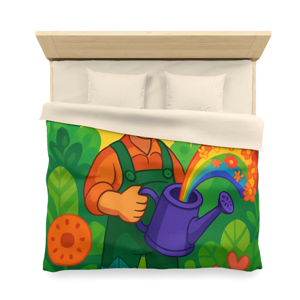 Housse de Couette Colorée avec Dessin Jardinier Arrosant des Fleurs et Arc-en-Ciel