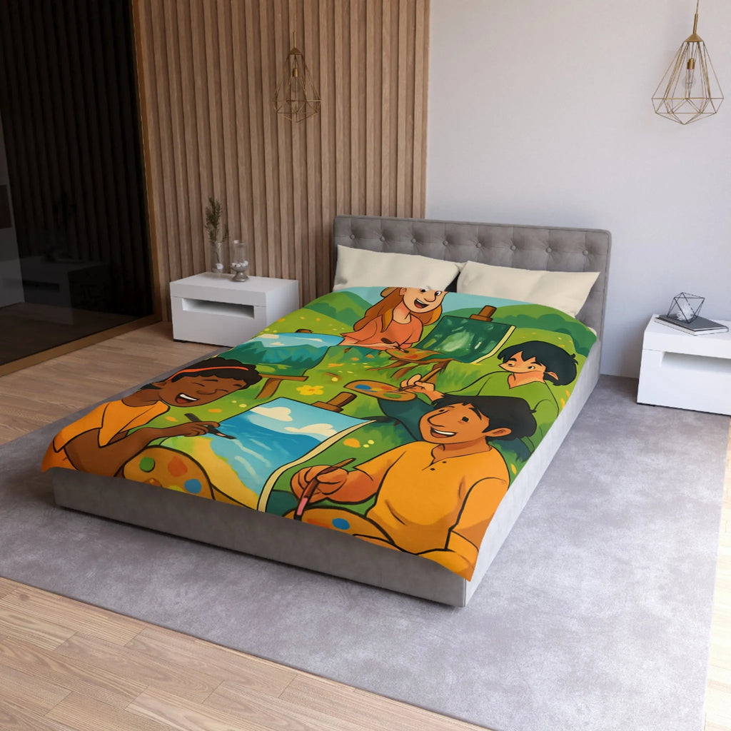 Housse de couette décorative avec enfants peignant dans champ fleuri en plein air