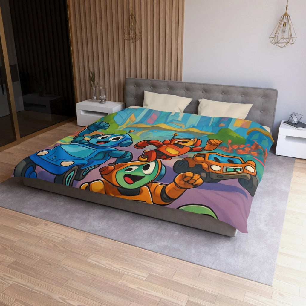 Housse de Couette Animée avec Robots Joyeux et Ville Futuriste pour Enfants
