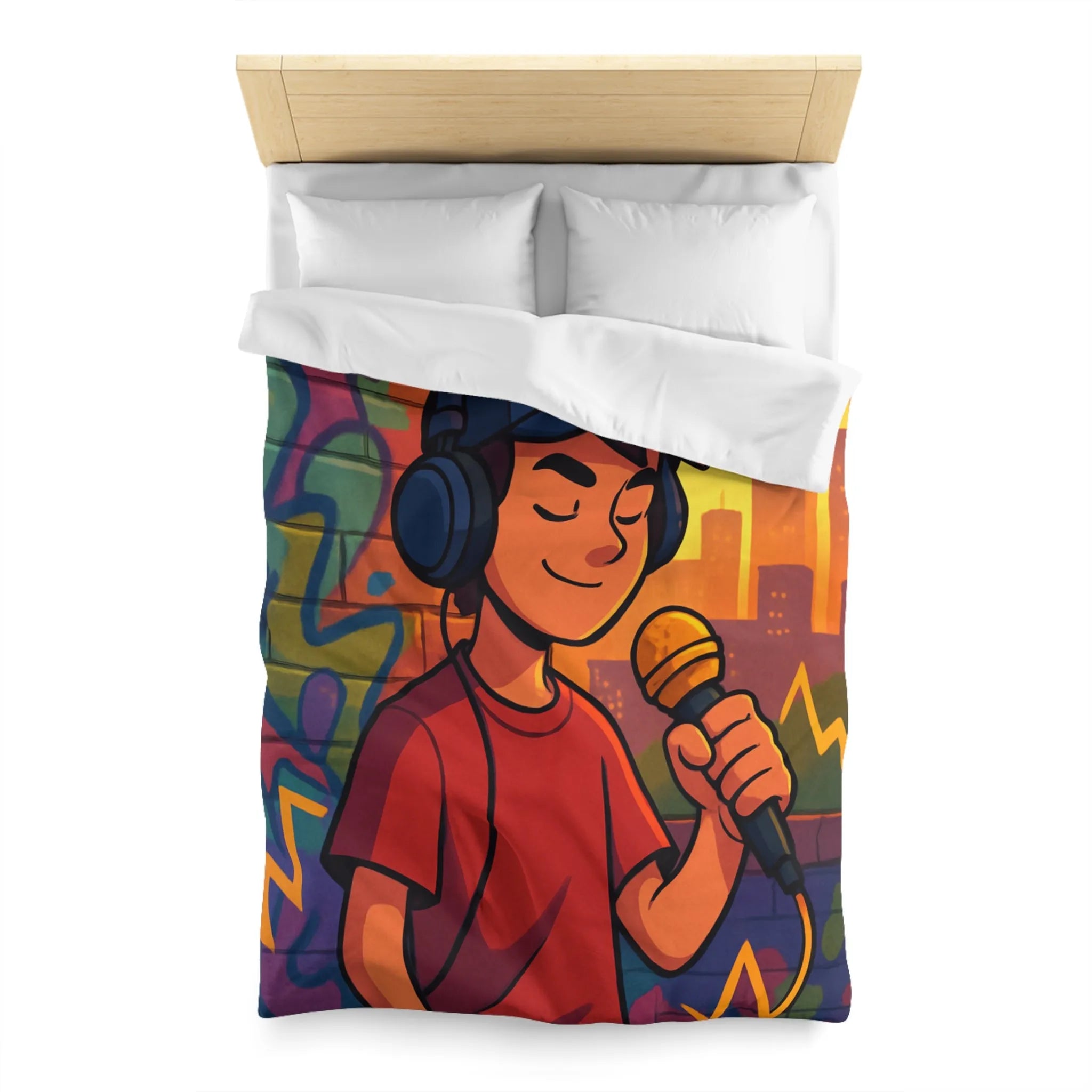 Housse de couette graphique urbaine avec chanteur et microphone sur fond coloré