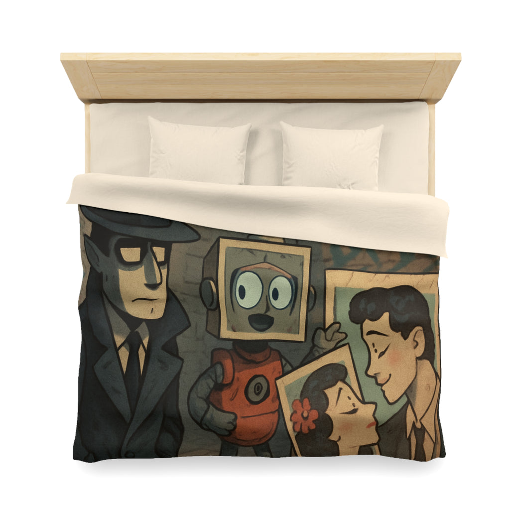Housse de couette rétro robot vintage, style pop art, ambiance urbaine et romantique