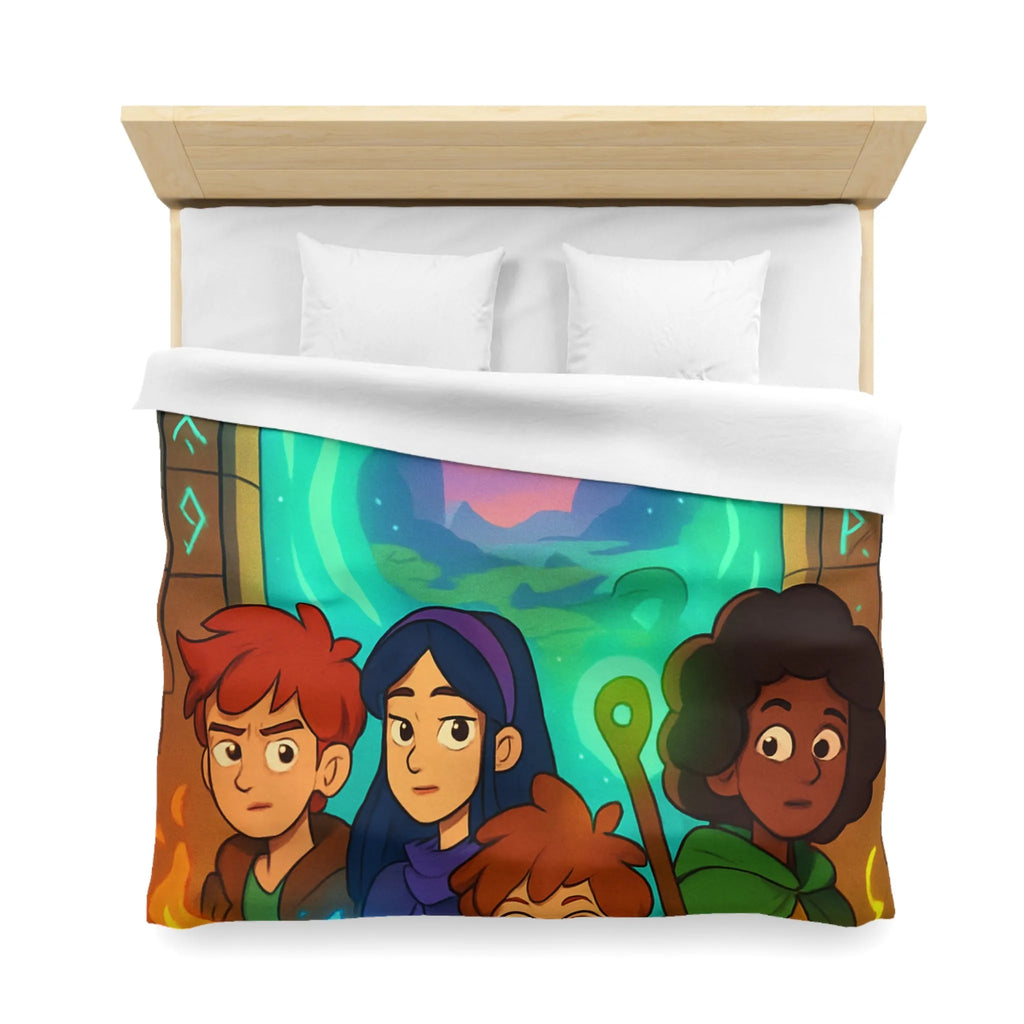 Housse de couette magique avec aventuriers devant portail et runes lumineuses
