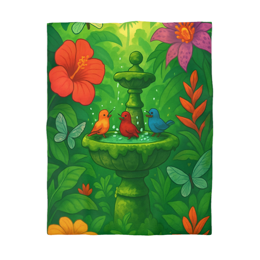 Housse de couette tropicale vibrante : oiseaux et fleurs exotiques dans un jardin luxuriant