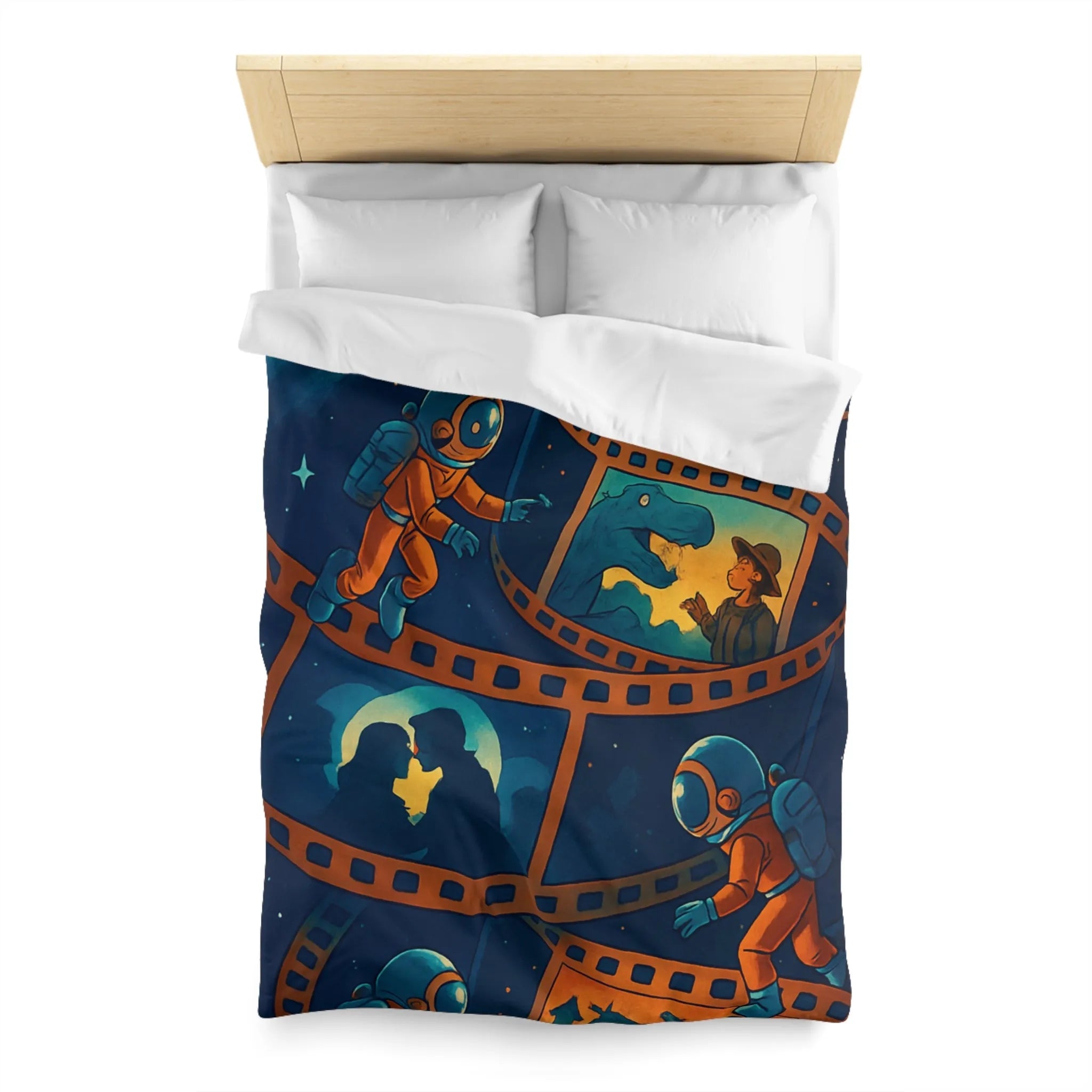 Housse de couette cosmos rêveur avec astronautes et séquences cinématographiques vintage