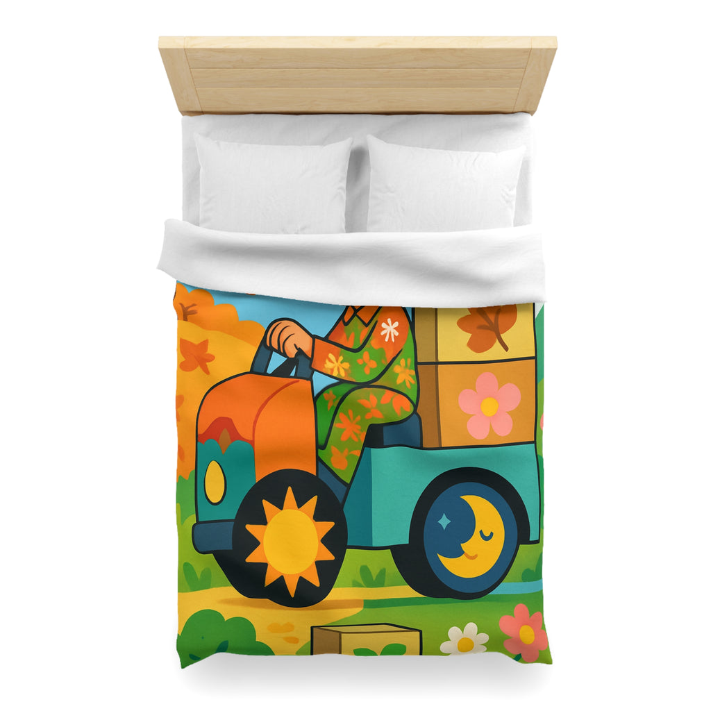 Housse de Couette Paisible Illustrant un Paysage Automnal avec Motifs Floraux et Naturels