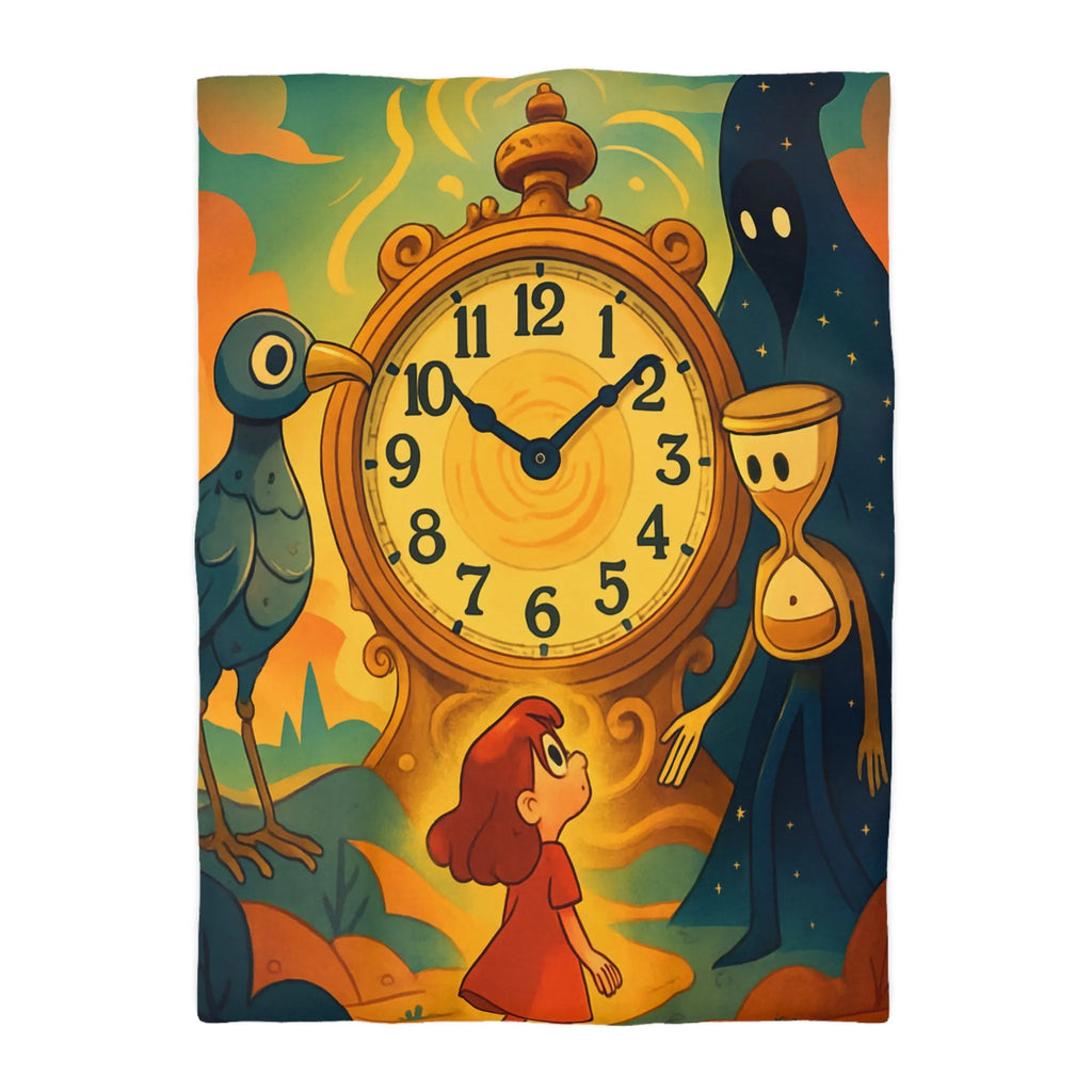 Housse de couette fantastique avec horloge magique et personnages mystérieux en illustration onirique