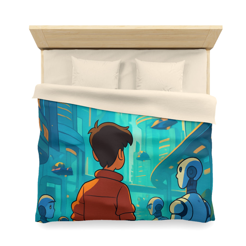Housse de couette urbaine futuriste avec robots et affiches lumineuses pour chambre moderne