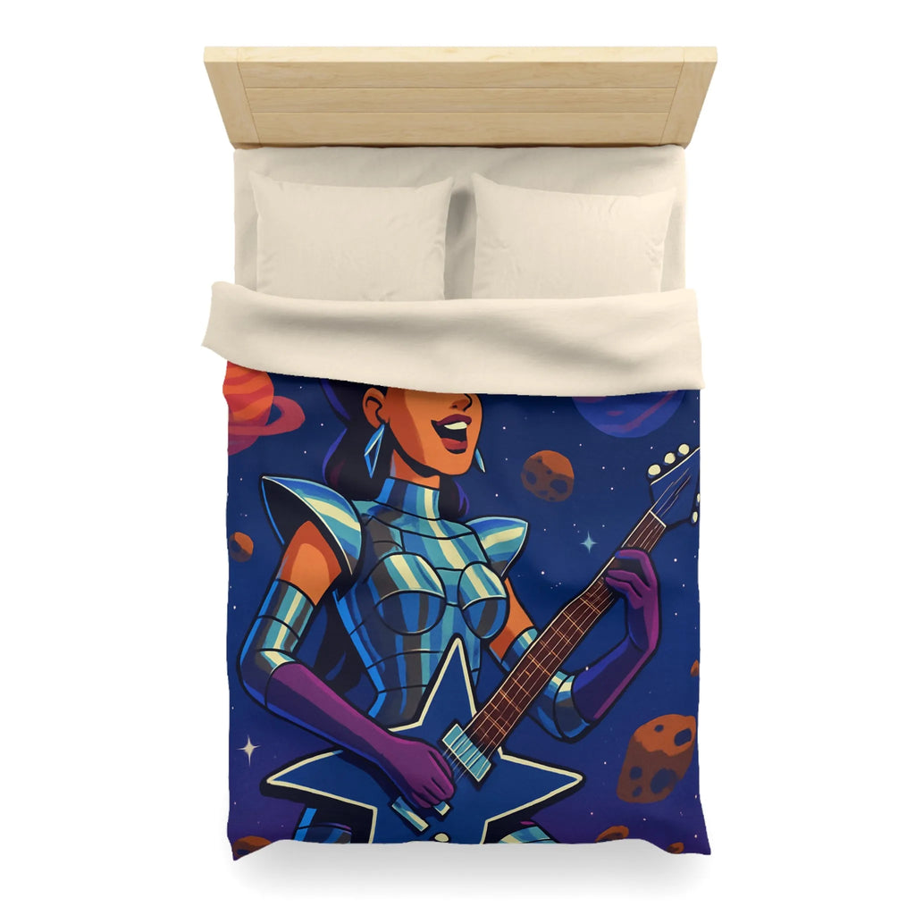 Housse de couette espace cosmique avec musicienne extraterrestre jouant de la guitare étoilée