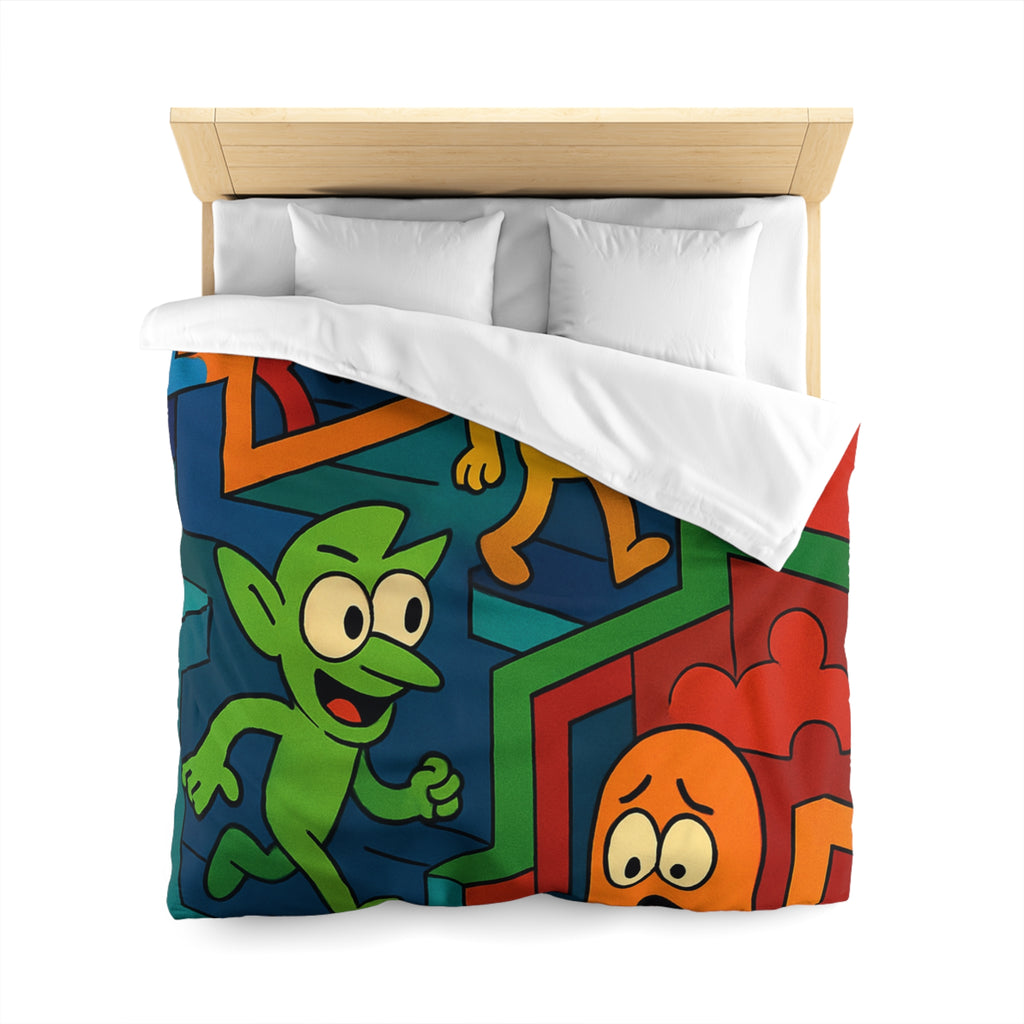 Housse de couette multicolore avec labyrinthes et personnages fantaisistes en motifs géométriques
