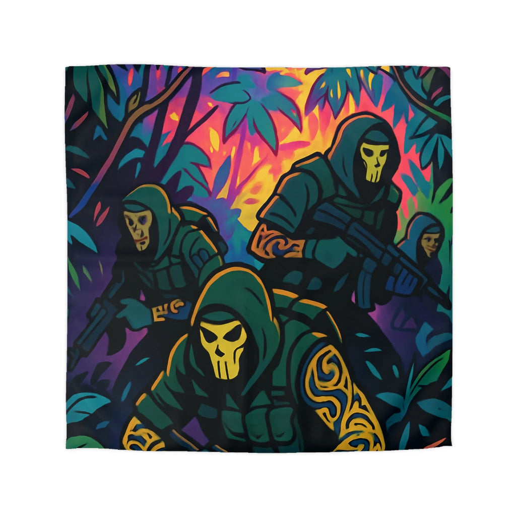 Housse de couette graphique avec motif de soldats masqués dans une jungle colorée