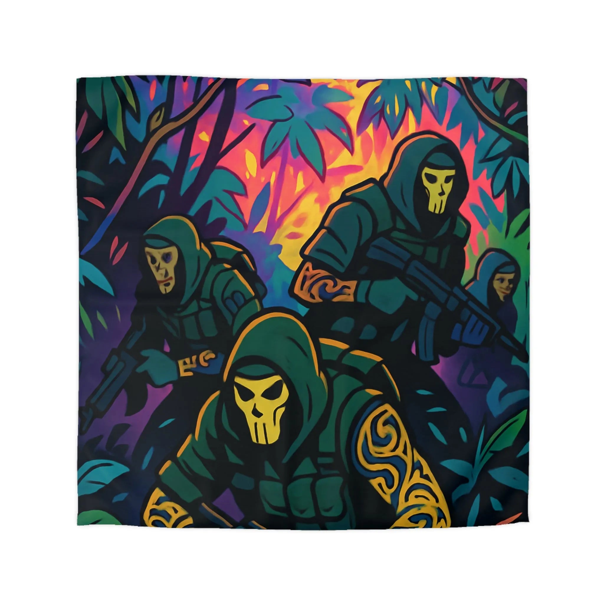 Housse de couette graphique avec motif de soldats masqués dans une jungle colorée