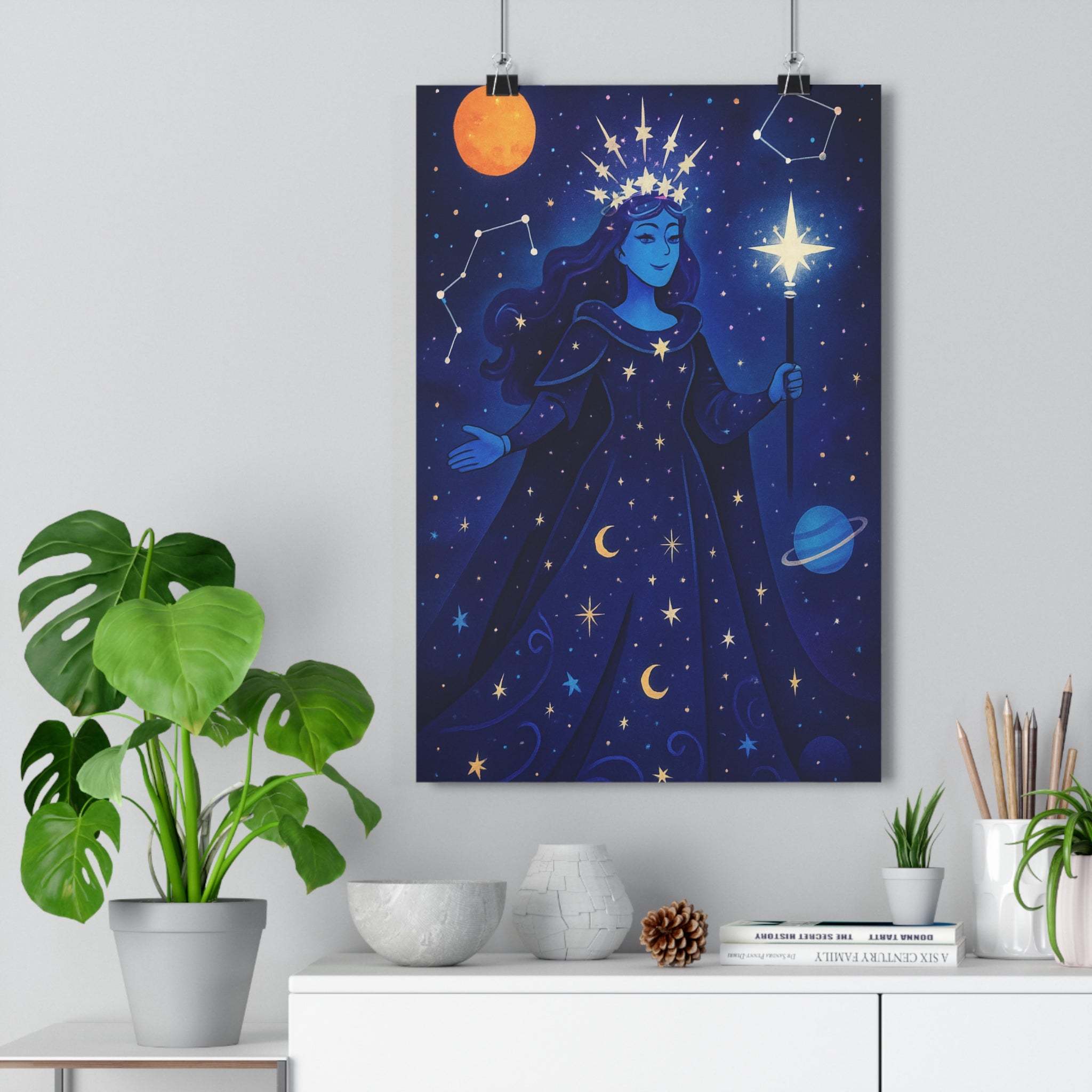 Poster décoratif mystique dessin animé étoiles bleu orange chambre salon cosmos femme lumineux qualité