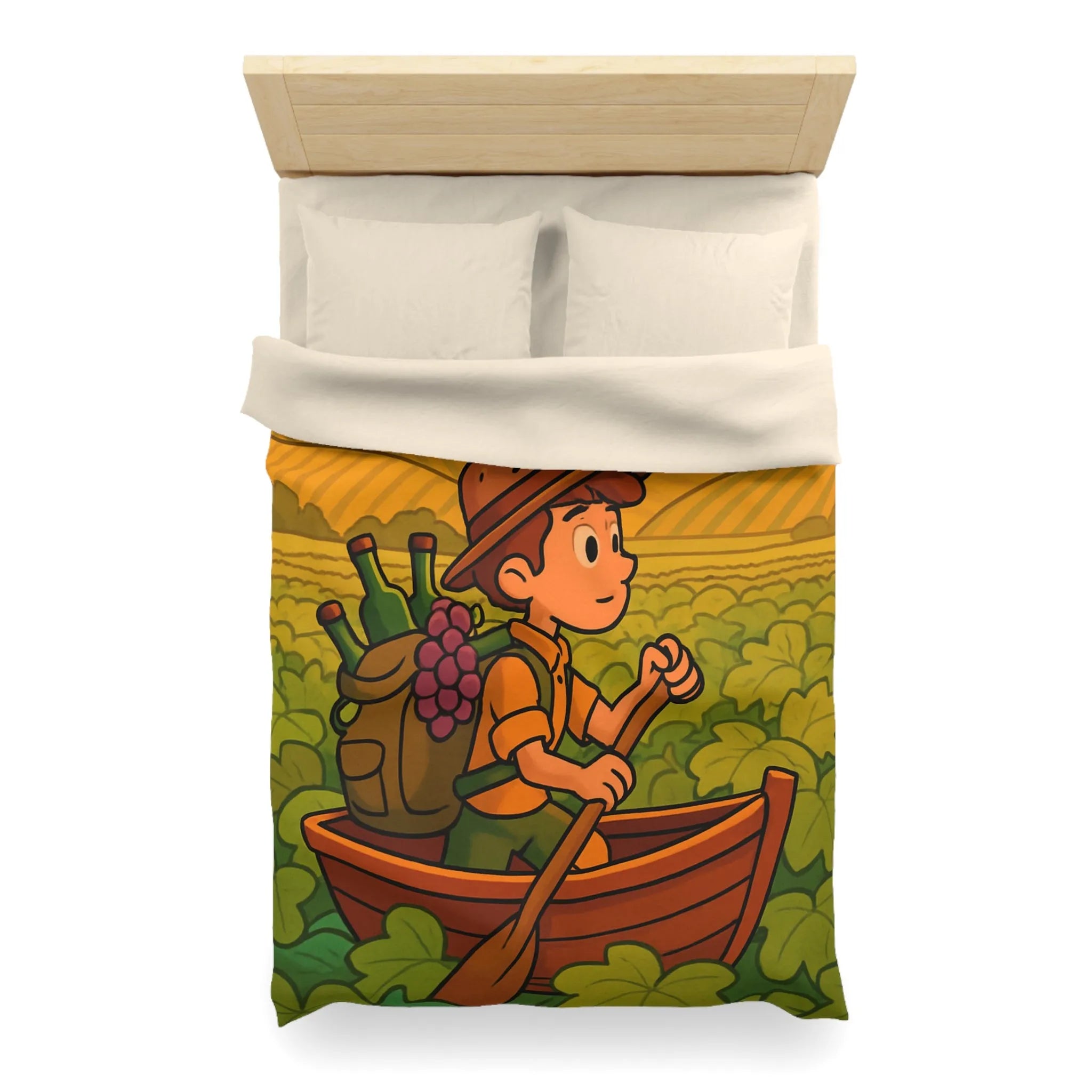 Housse de couette colorée avec paysage de vignoble et enfant en bateau