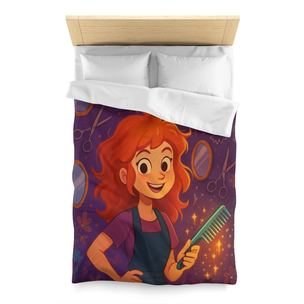 Housse de Couette Colorée avec Fille Rieuse et Ambiance Salon de Coiffure Magique