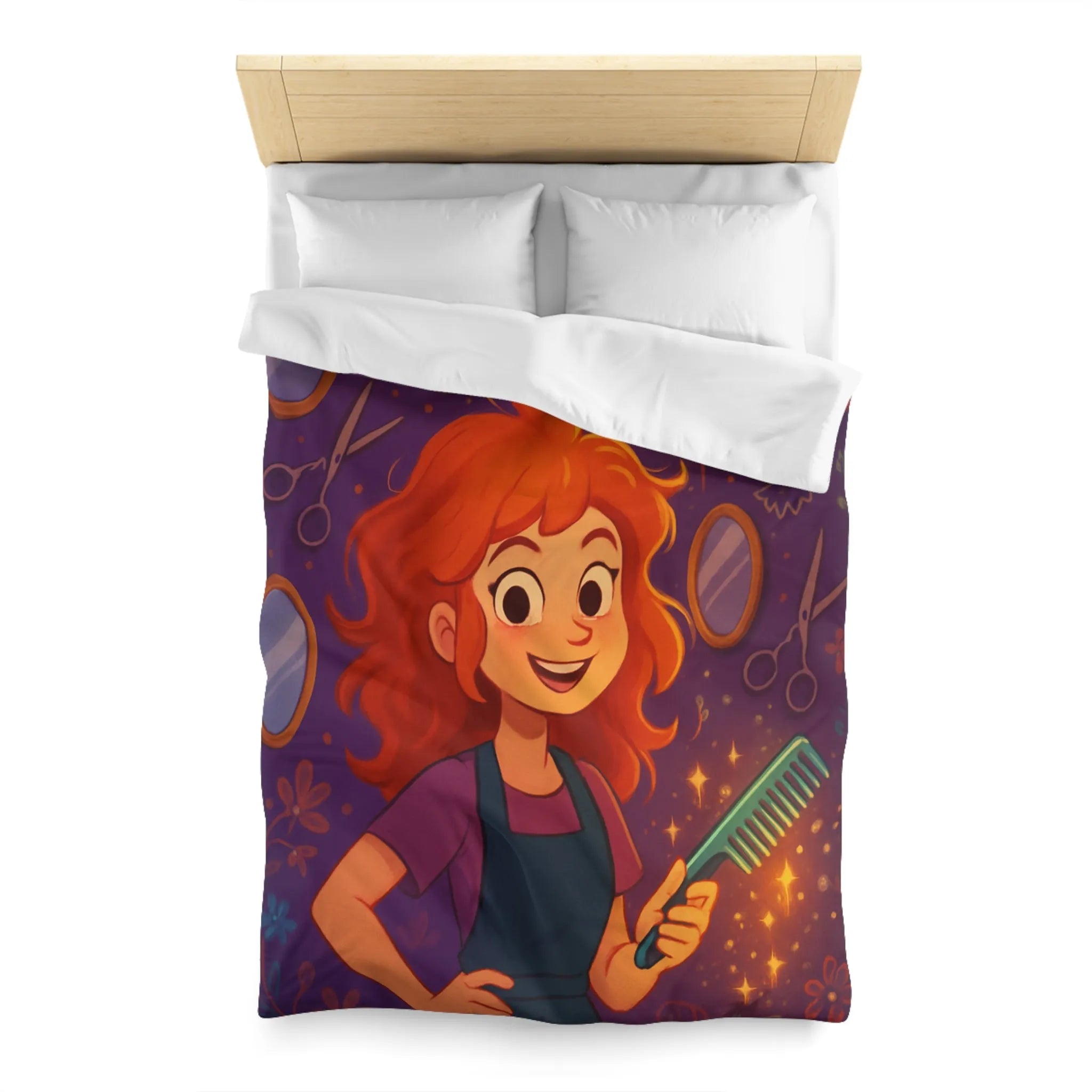 Housse de Couette Colorée avec Fille Rieuse et Ambiance Salon de Coiffure Magique