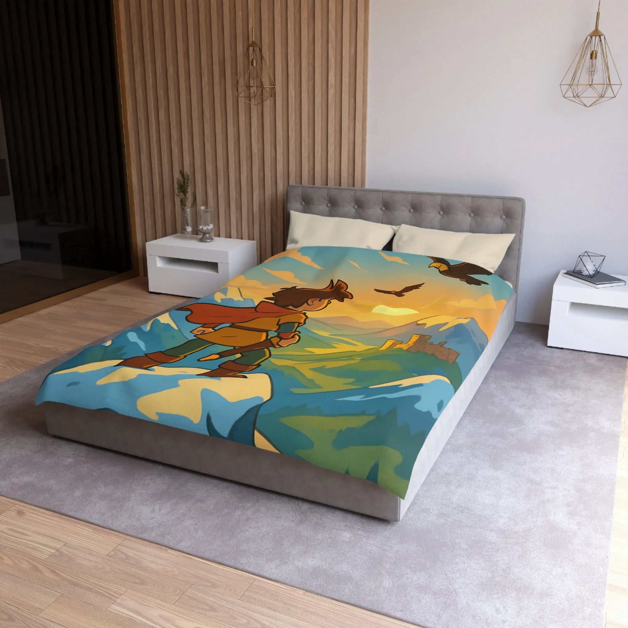 Housse de couette avec paysage montagneux, jeune aventurier et châteaux au coucher de soleil