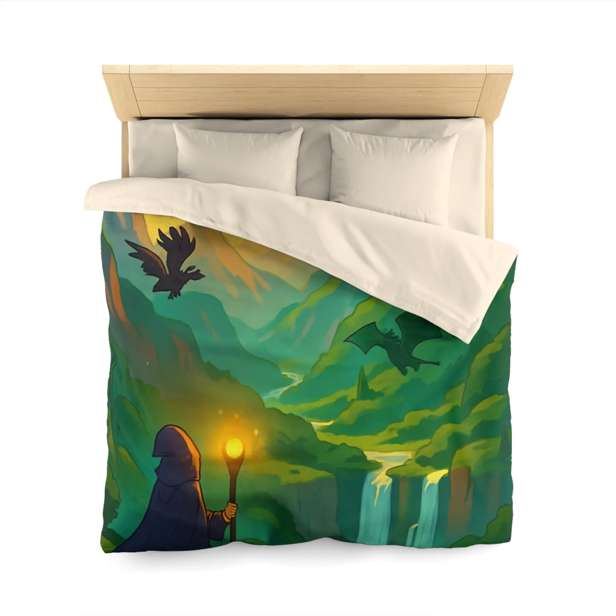 Épopée fantastique avec dragon et sorcier dans vallée mystique pour chambre aventureuse