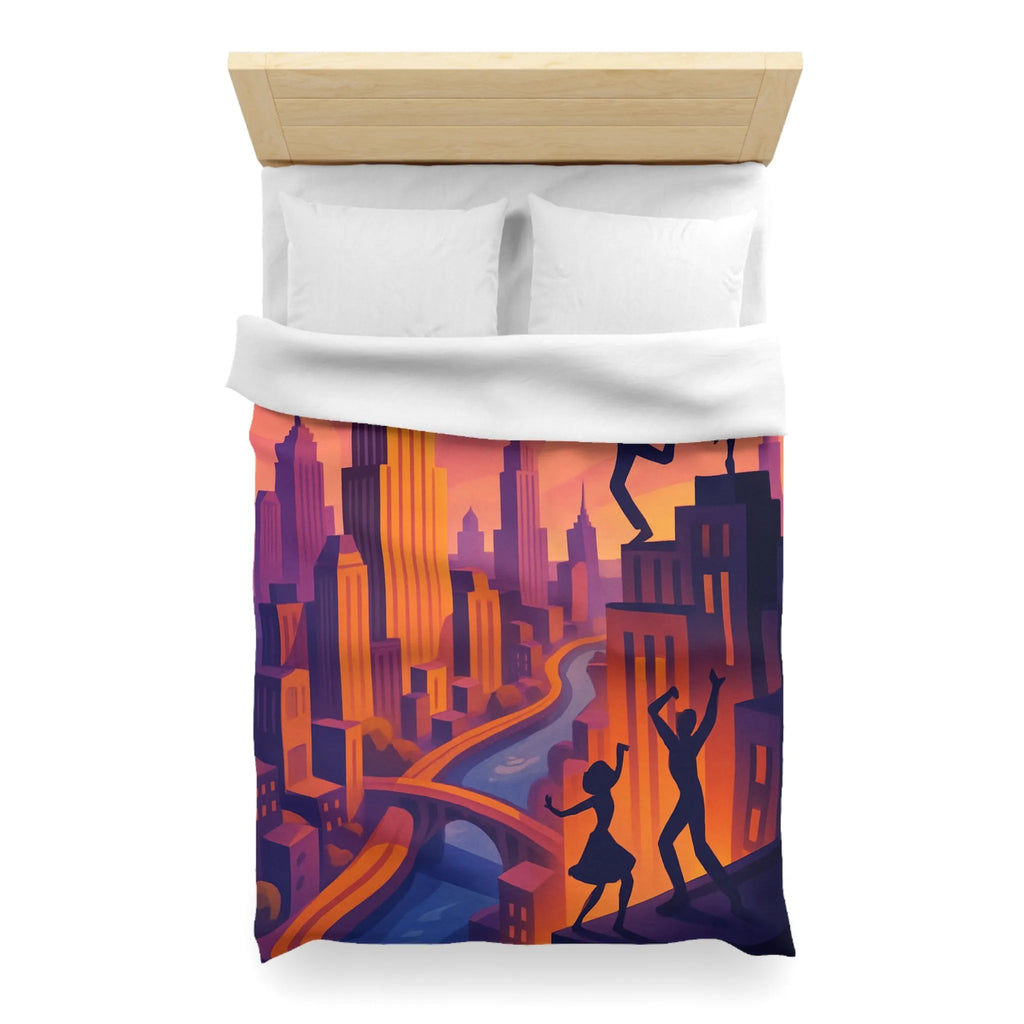 Housse de Couette avec Danseurs et Ville au Coucher de Soleil, Tonalités Vibrantes