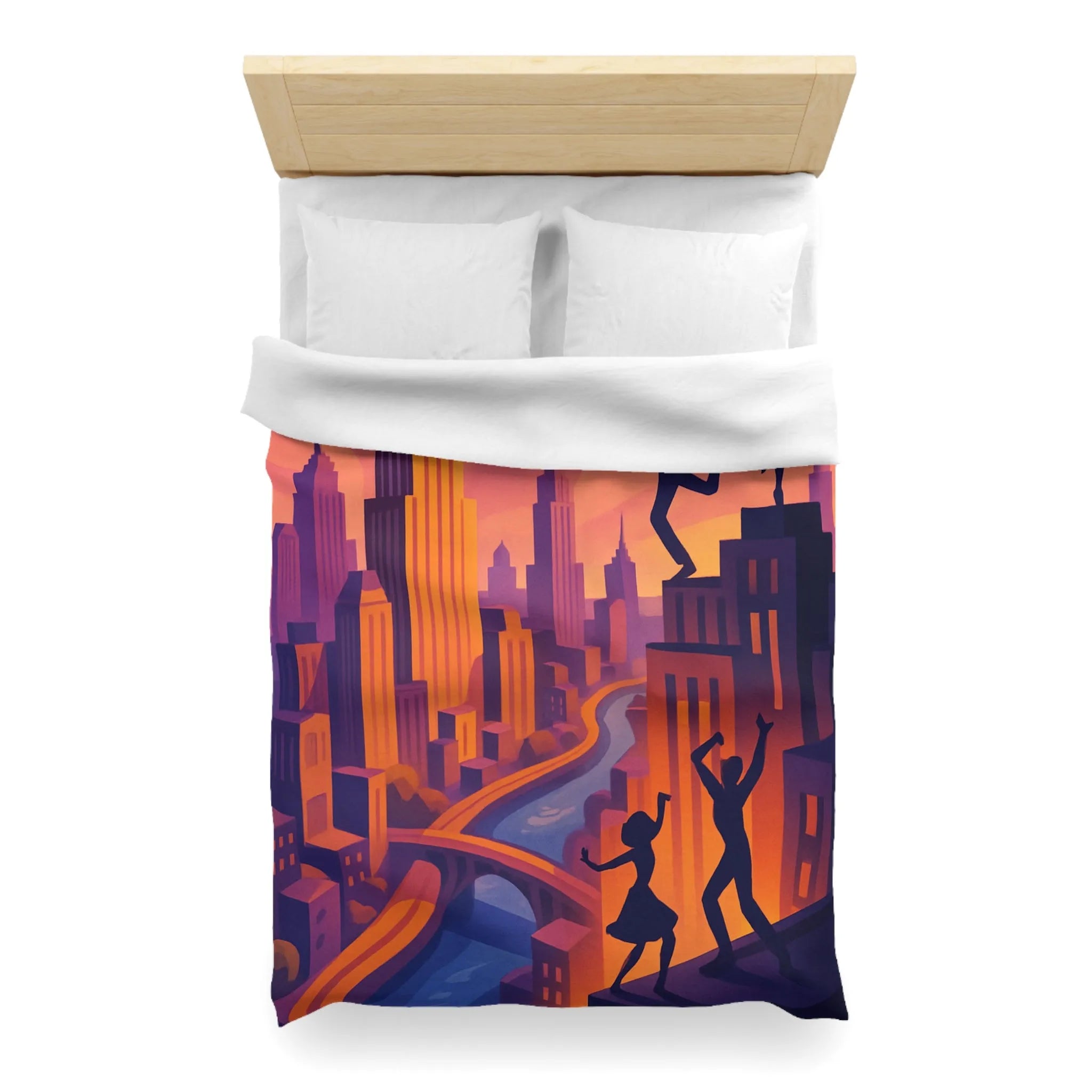 Housse de Couette avec Danseurs et Ville au Coucher de Soleil, Tonalités Vibrantes
