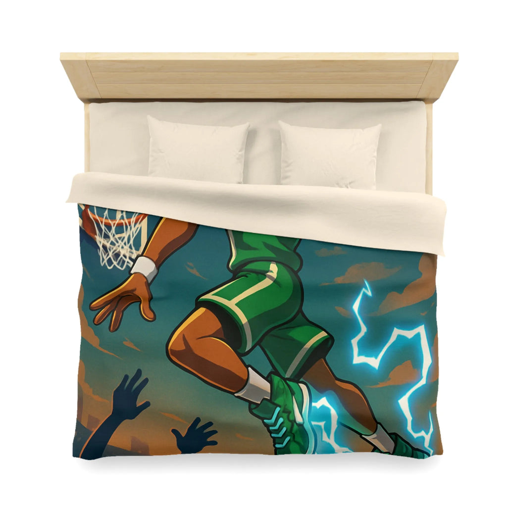 Housse de couette basket dynamique avec joueur en plein slam dunk lumineux