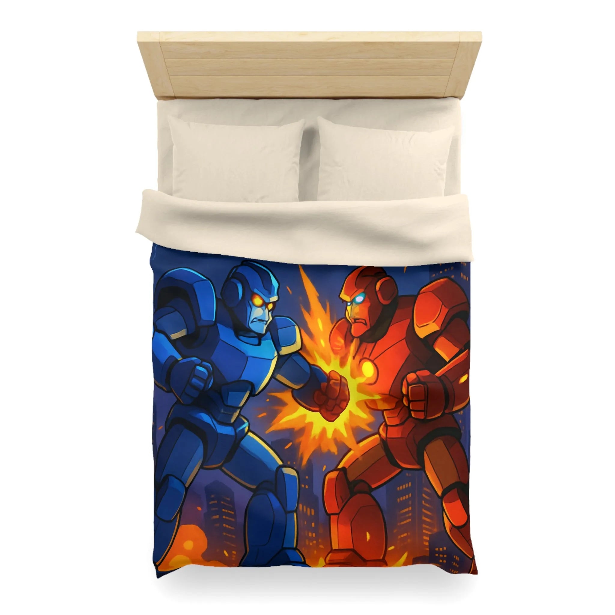 Housse de couette futuriste robots en combat dans une ville éclairée par l'orage