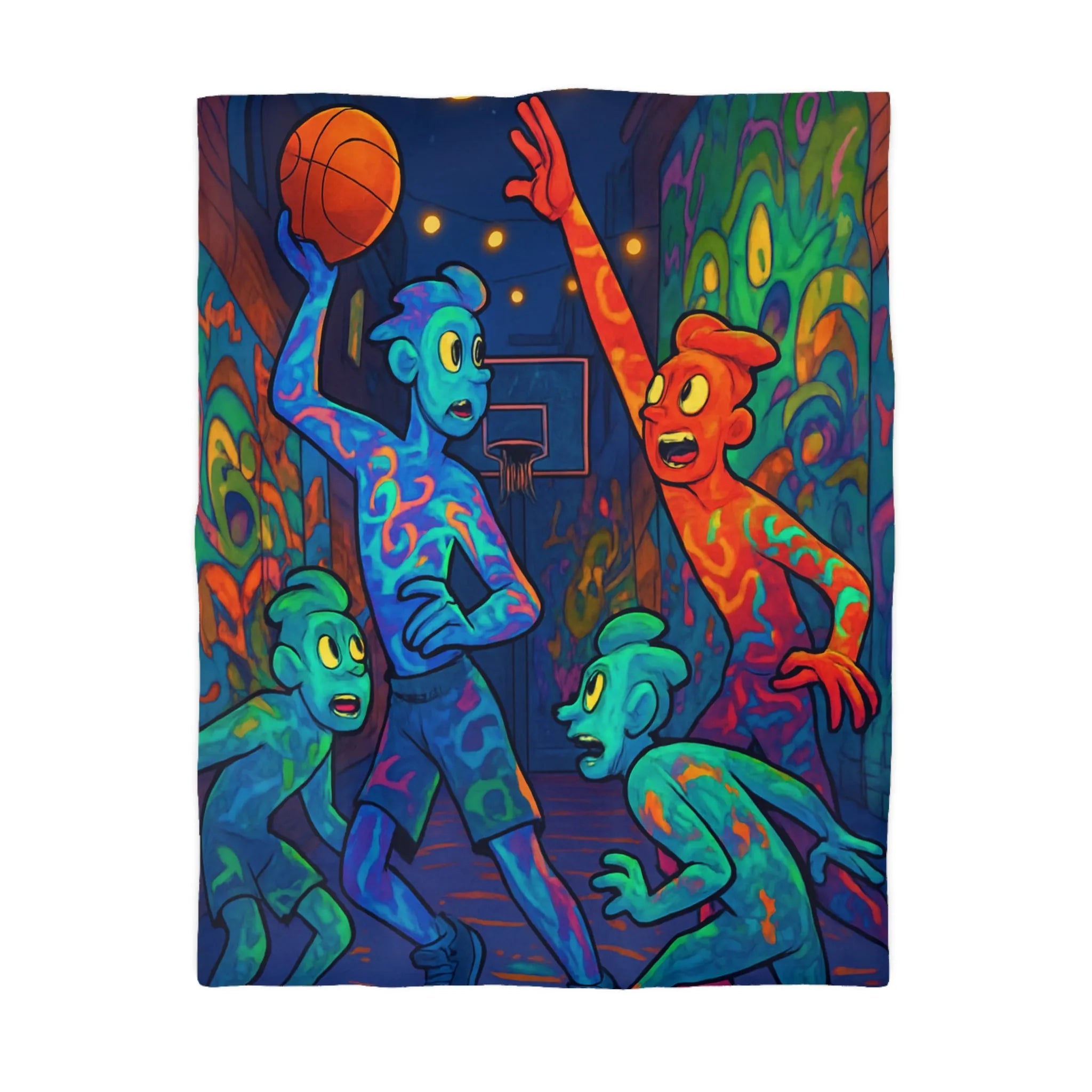 Housse de couette colorée avec personnages abstraits jouant au basket la nuit