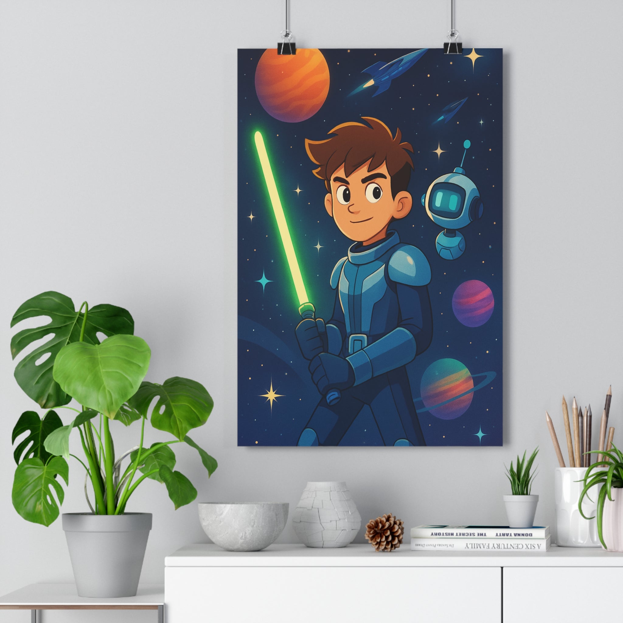 Poster décoratif aventurier espace sabre laser vert robot étoilé cartoon enfant chambre aventure couleurs