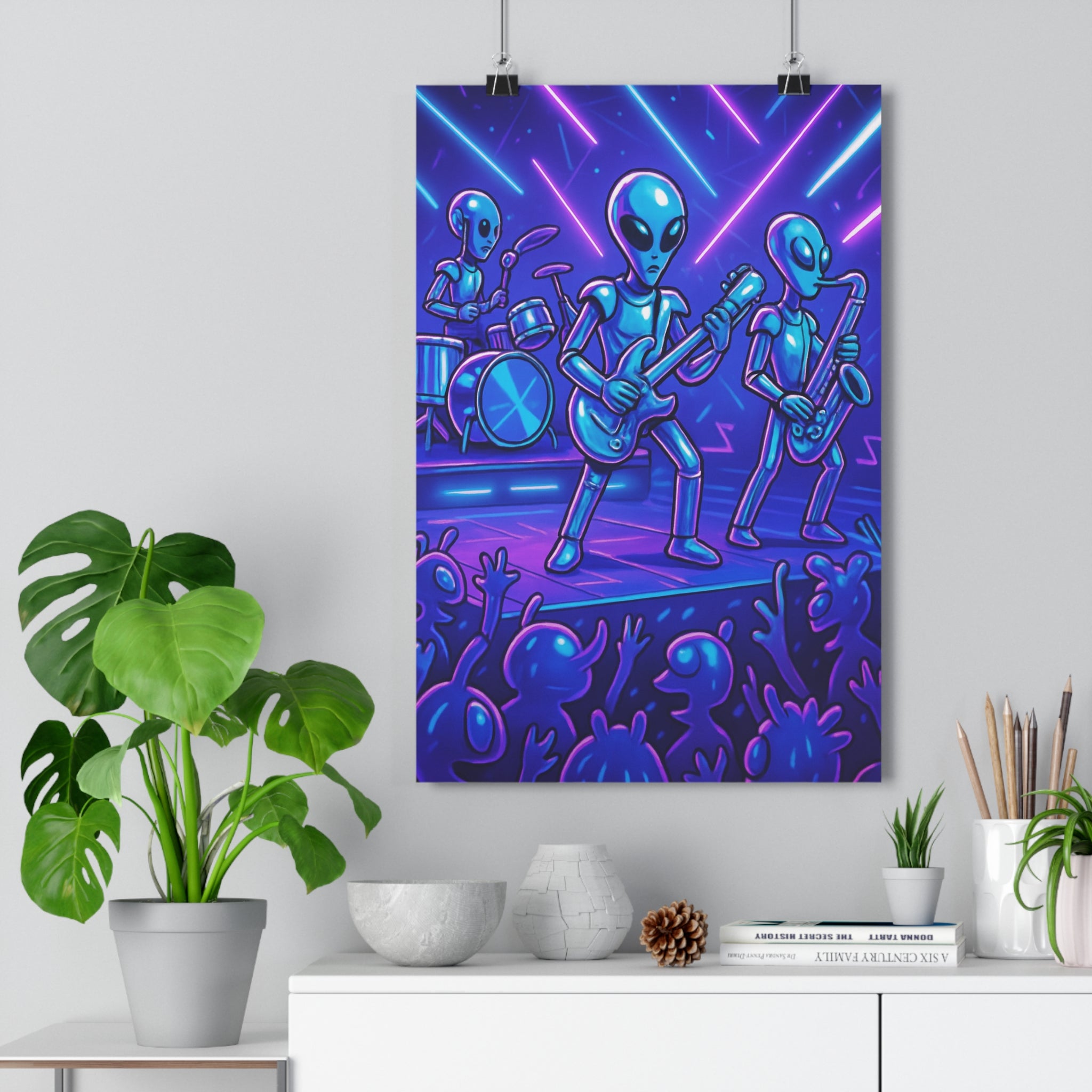 Poster décoratif animé extraterrestre concert musique bleu violet dessin animé chambre enfant dynamique qualité