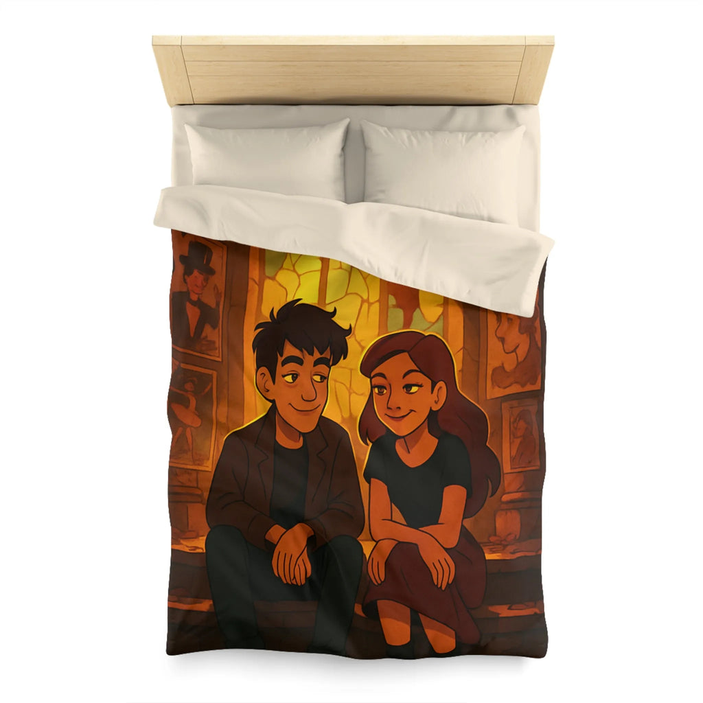 Housse de couette avec illustration romantique de couple devant vitrail chaleureux et intime