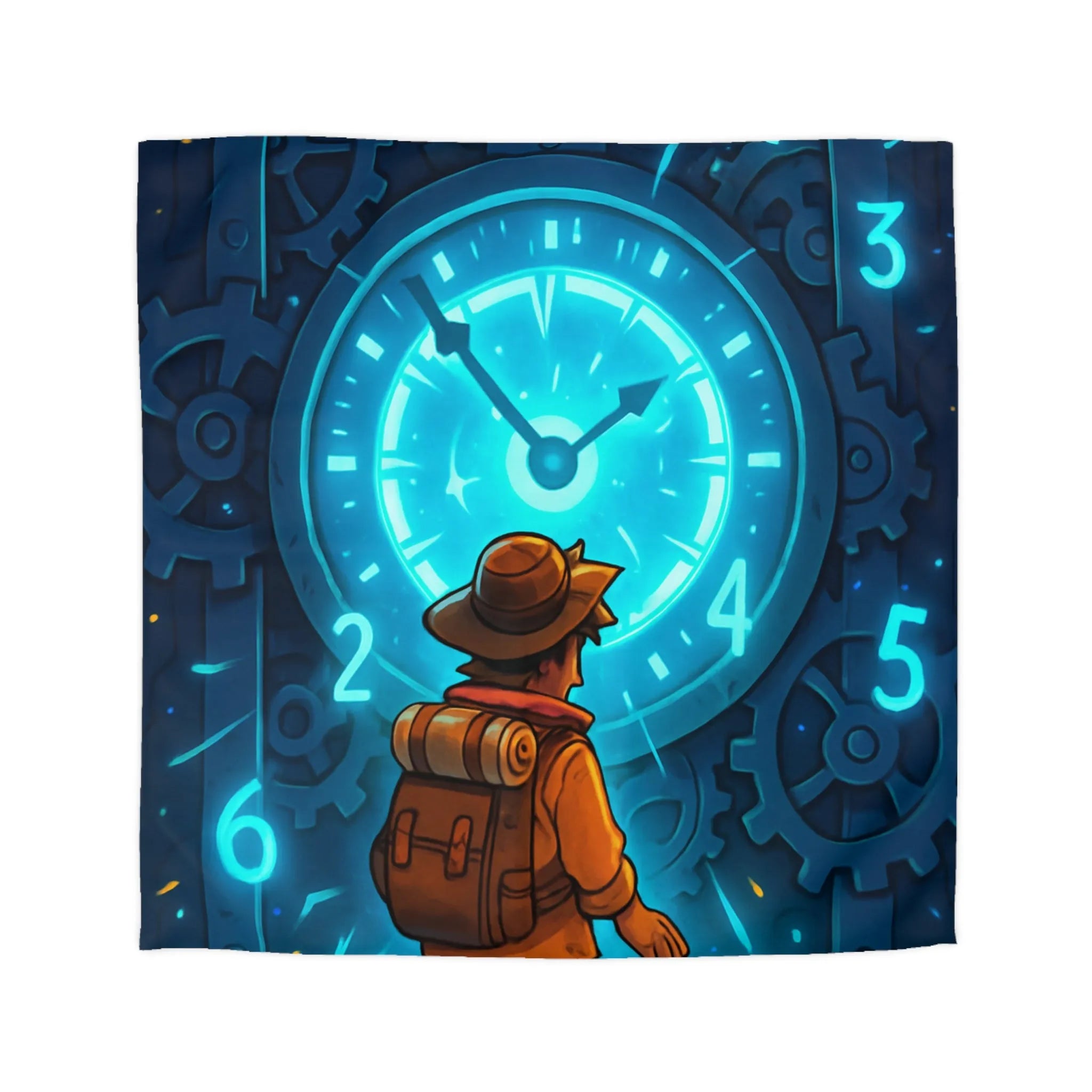 Housse de Couette Aventure Énigmatique Horloger Voyageur avec Éclairage Bleu Futuriste